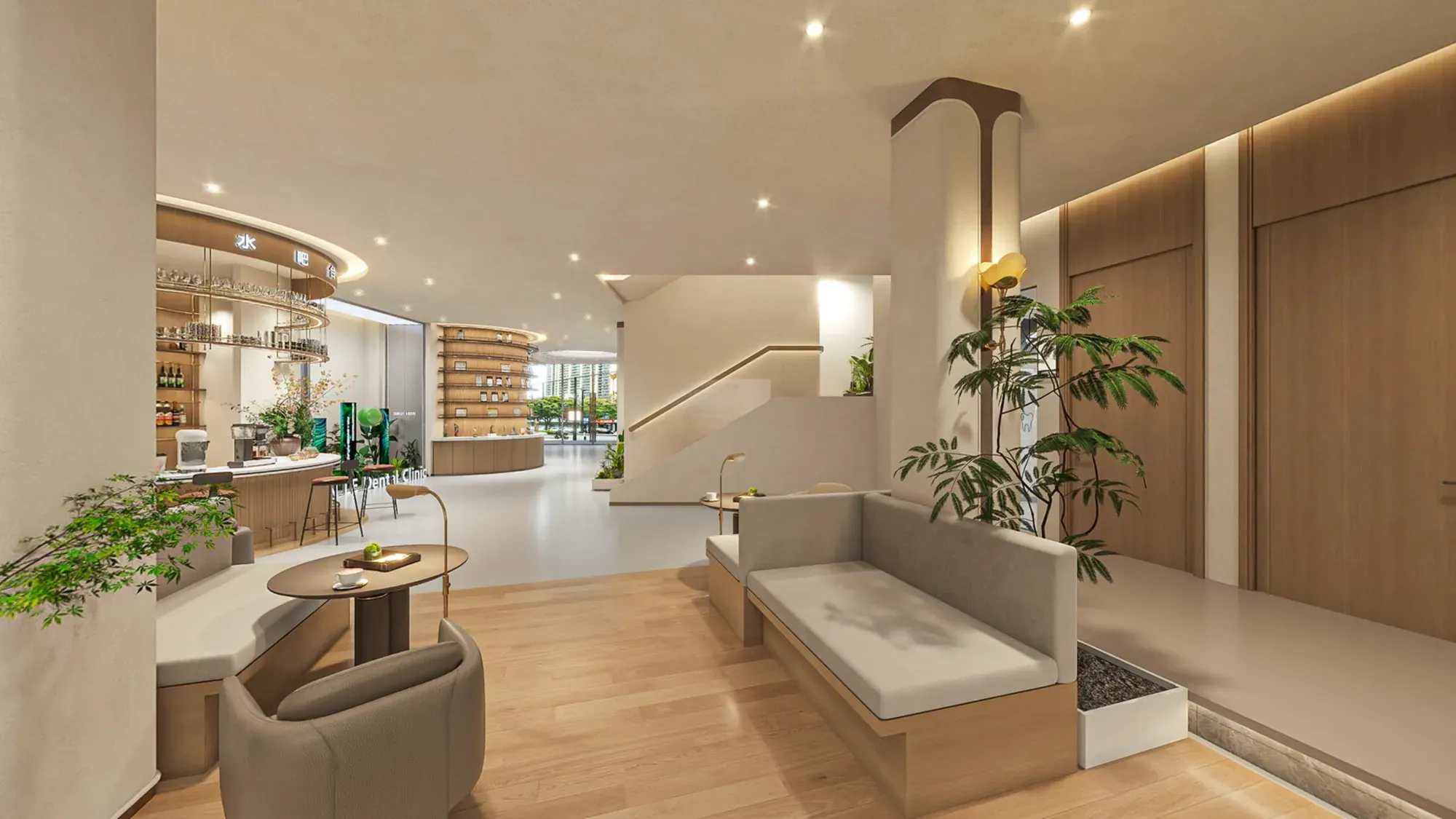 Waiting area detail with upholstered seating, planting and a timber-lined backdrop