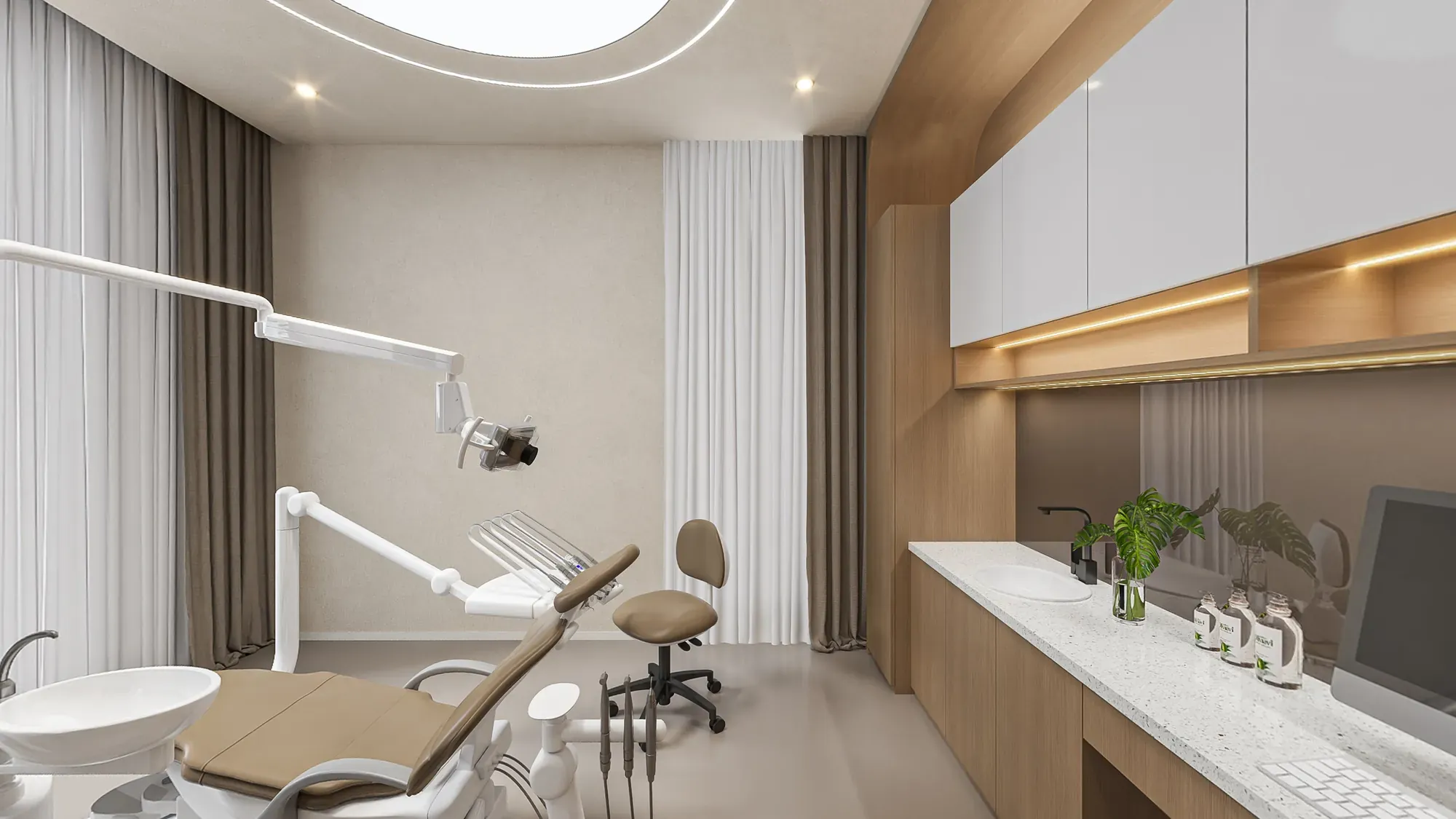 Dental treatment room detail with clinical equipment, white cabinetry and timber accents