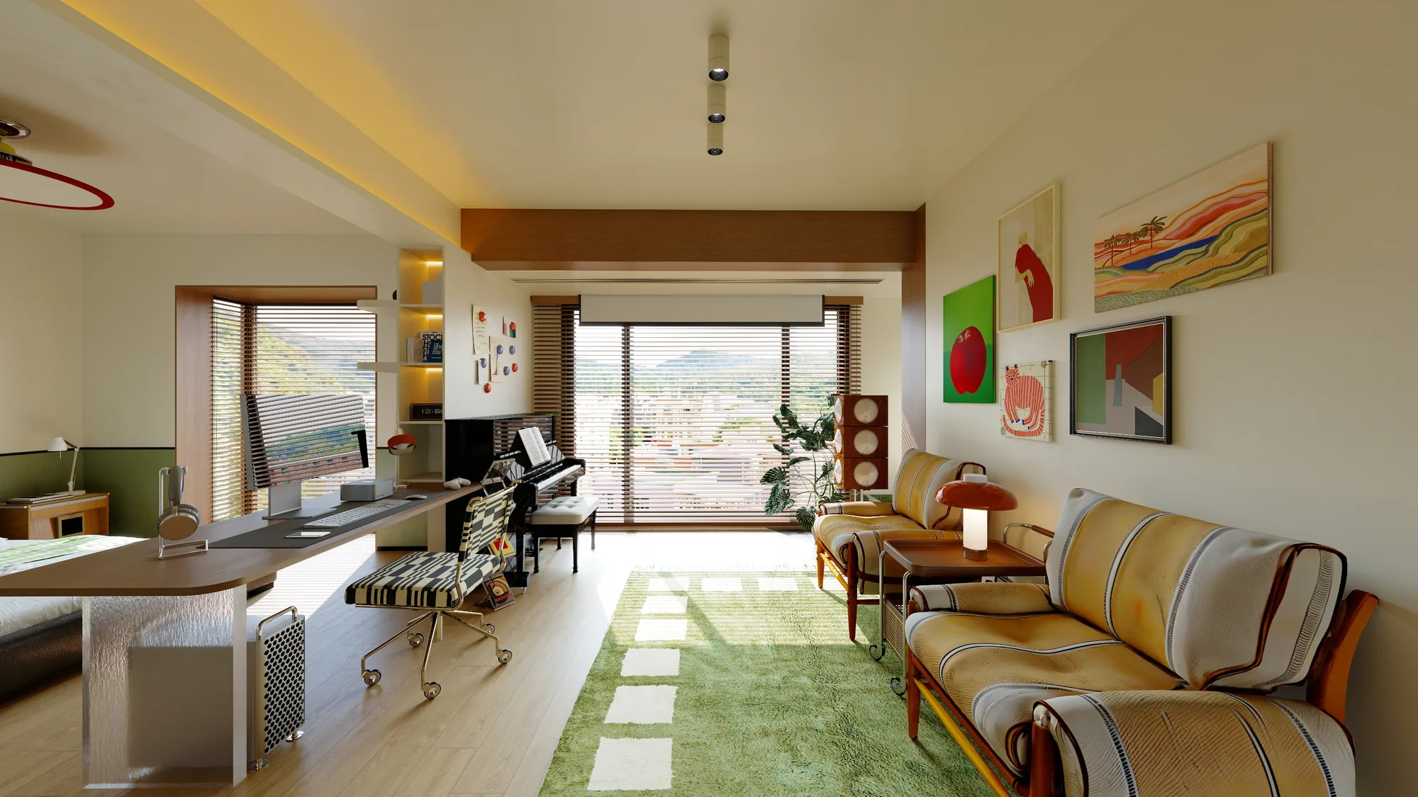Colombia warm Bauhaus-inspired apartment with timber details, colourful art and open-plan living