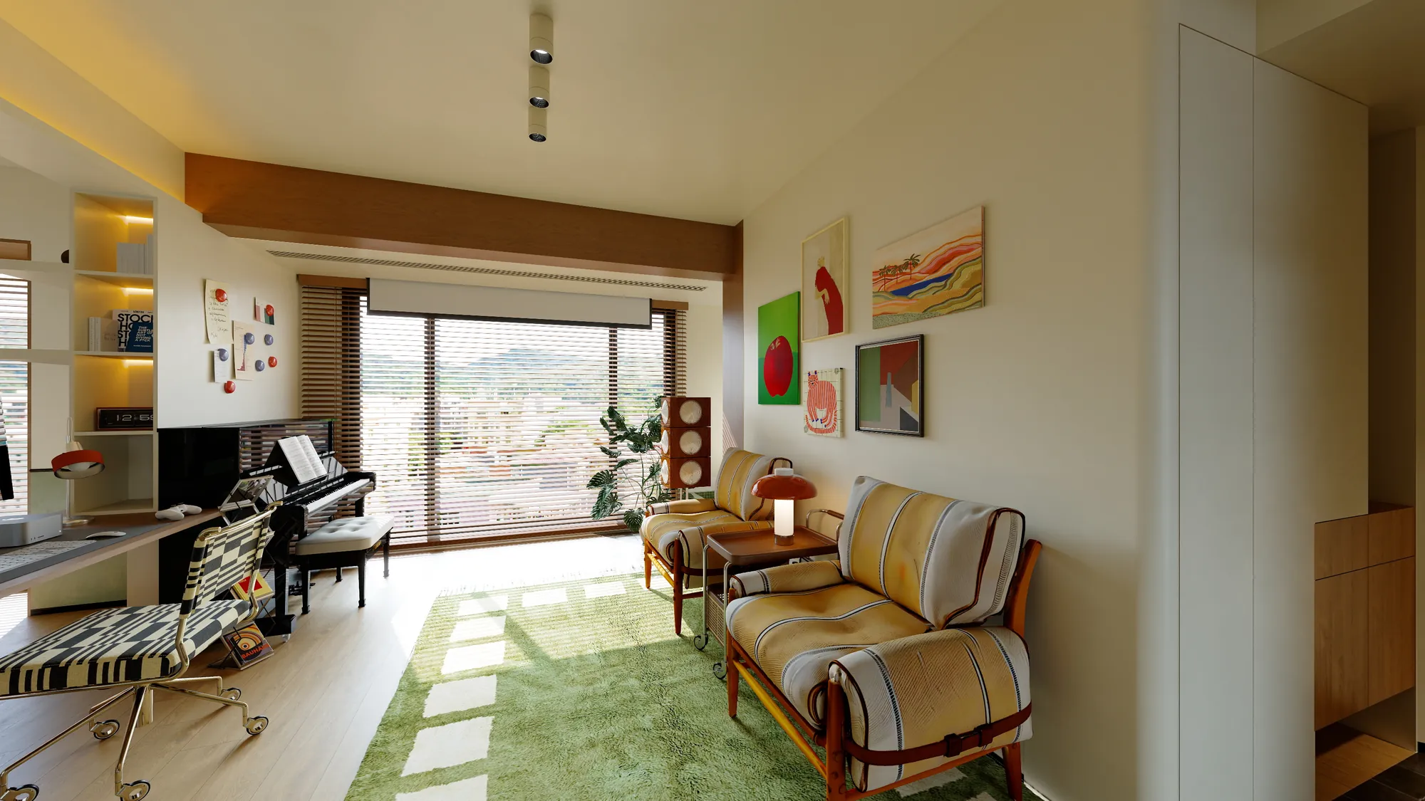 Open living and dining apartment with timber framework, green rug and colourful artwork