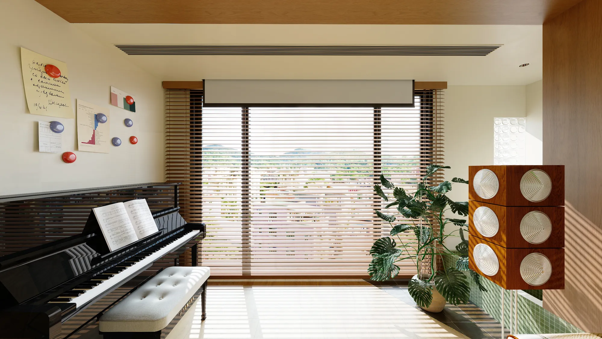 Apartment music corner with piano, timber blinds, plants and sculptural speaker cabinet