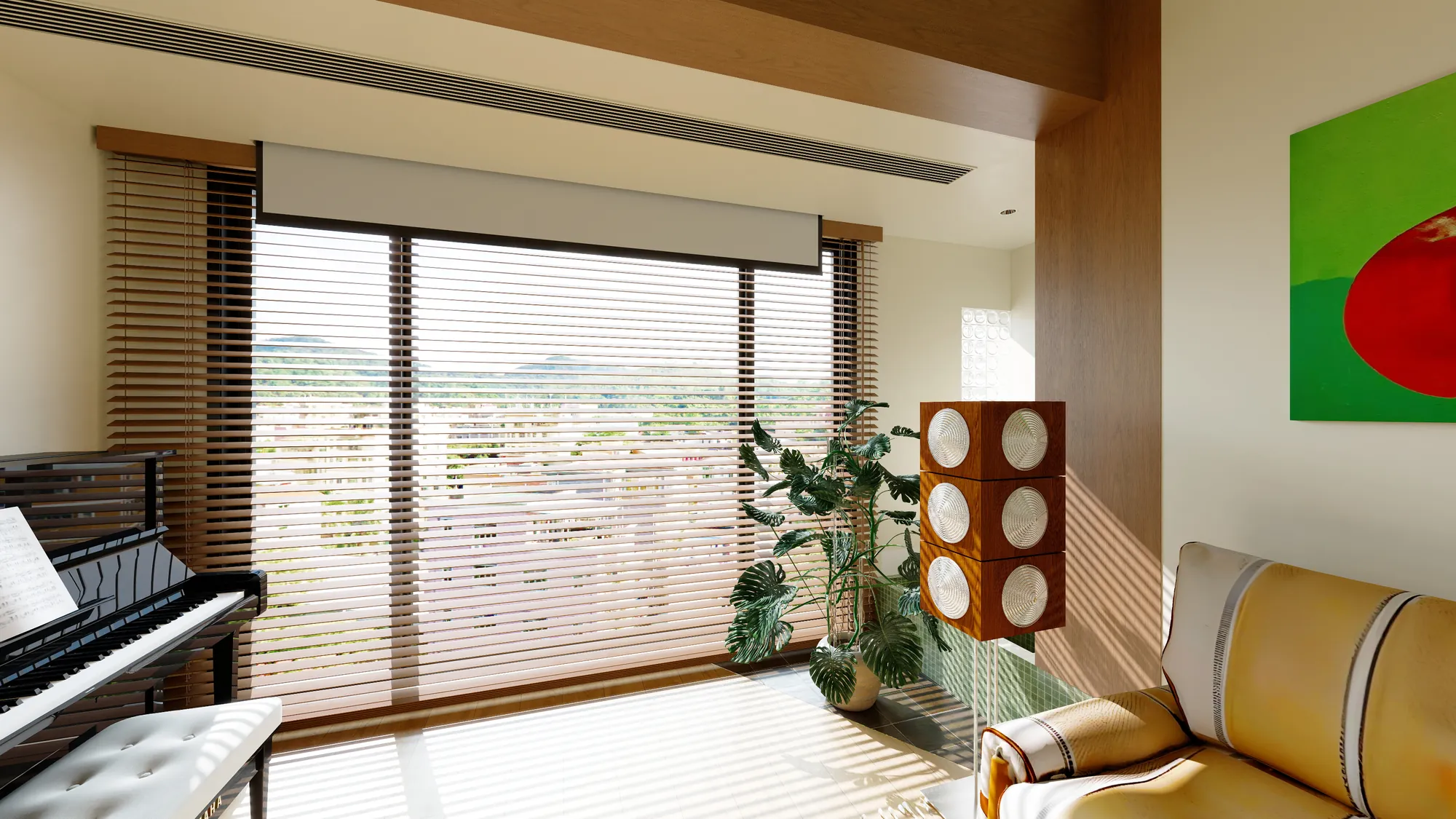 Warm contemporary living room with exposed-frame seating and green geometric rug