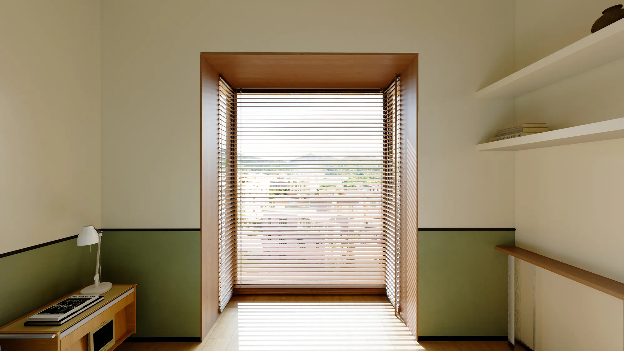 Compact window study with timber blinds, continuous desk and olive green wall