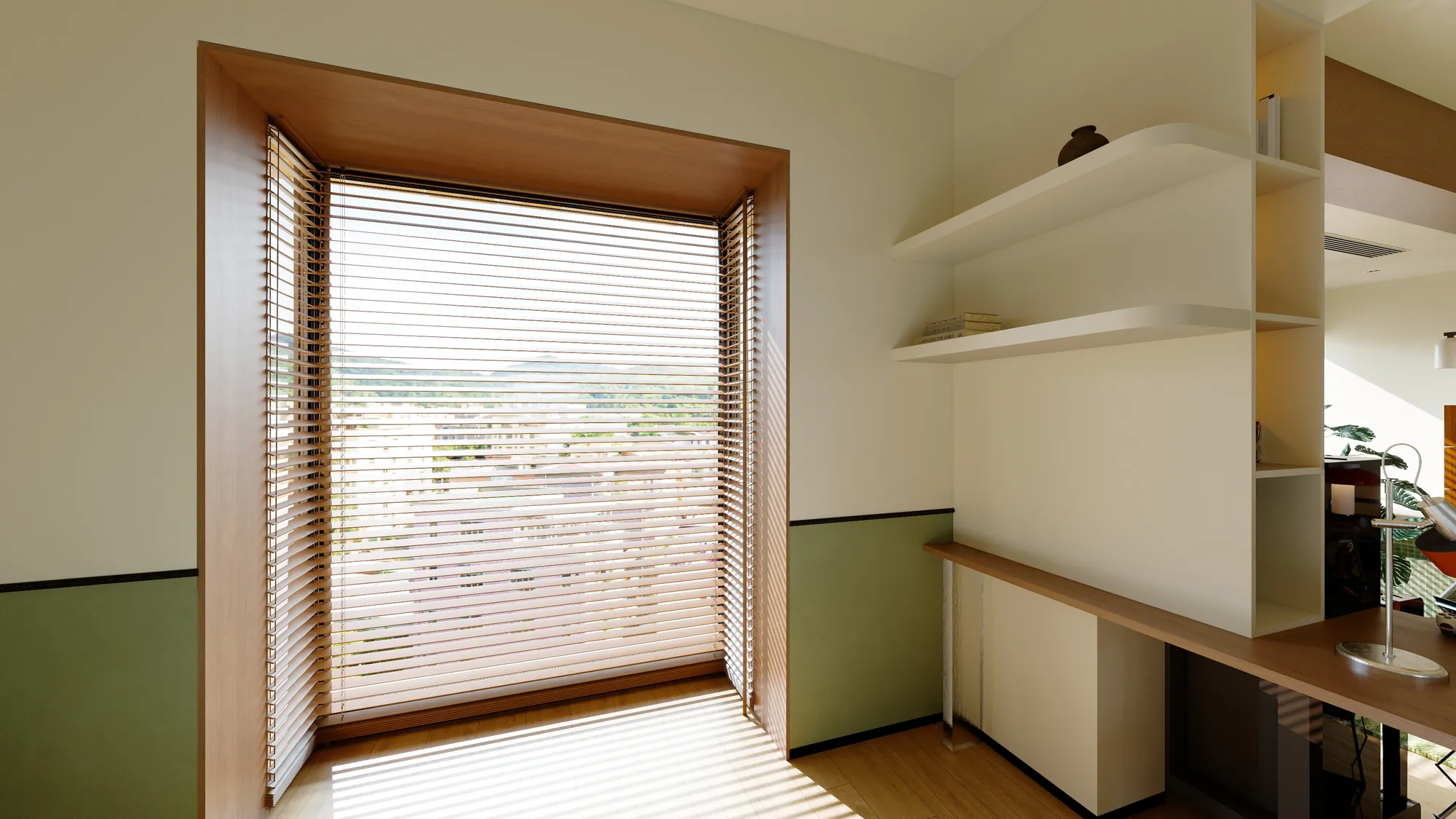 Integrated study shelving connected to the apartment living space