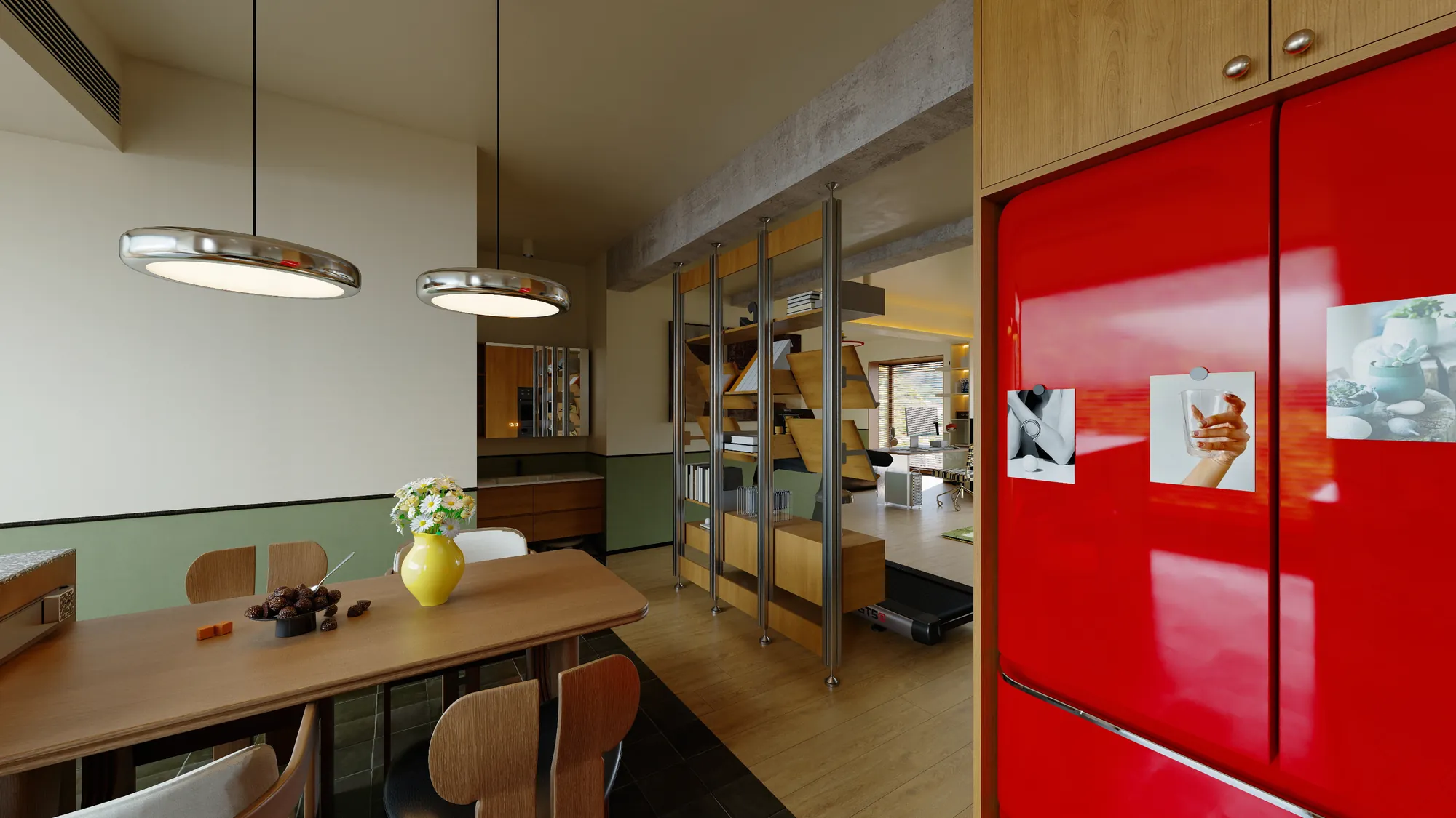 Apartment dining area with natural timber shelving and saturated red kitchen cabinet