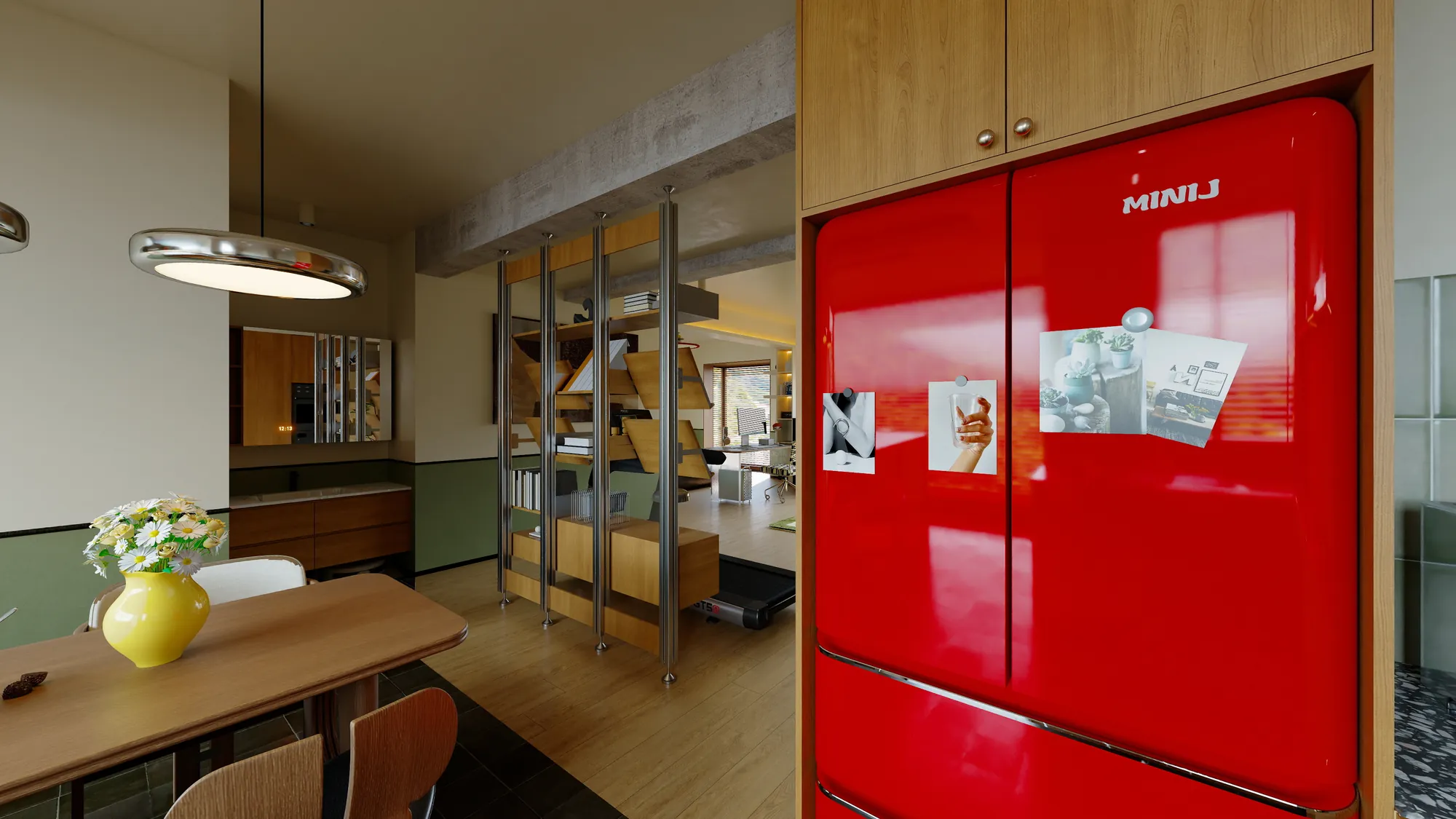Open dining area beside full-height timber storage and display shelving