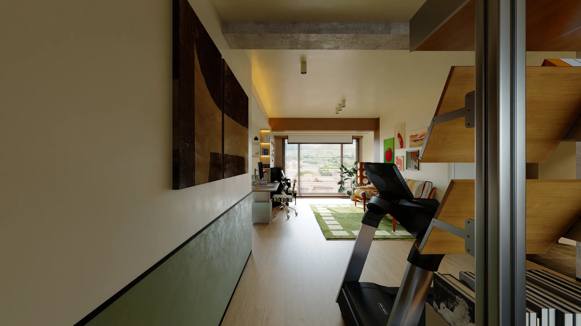 Apartment circulation with integrated timber storage and open shelving