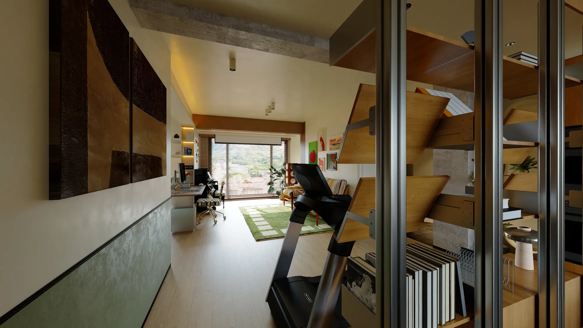 Timber display shelving integrated along the apartment circulation wall