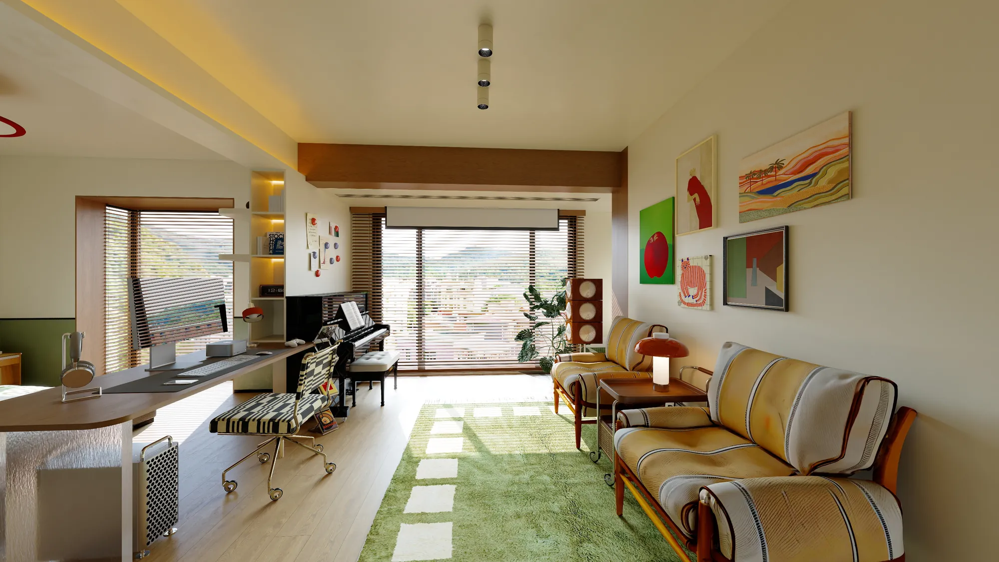 Wide sunlit view of a warm Bauhaus-inspired apartment living room