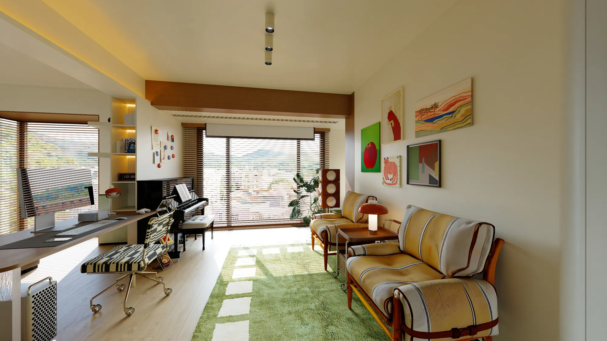Graphic artwork and warm timber details in the apartment living room