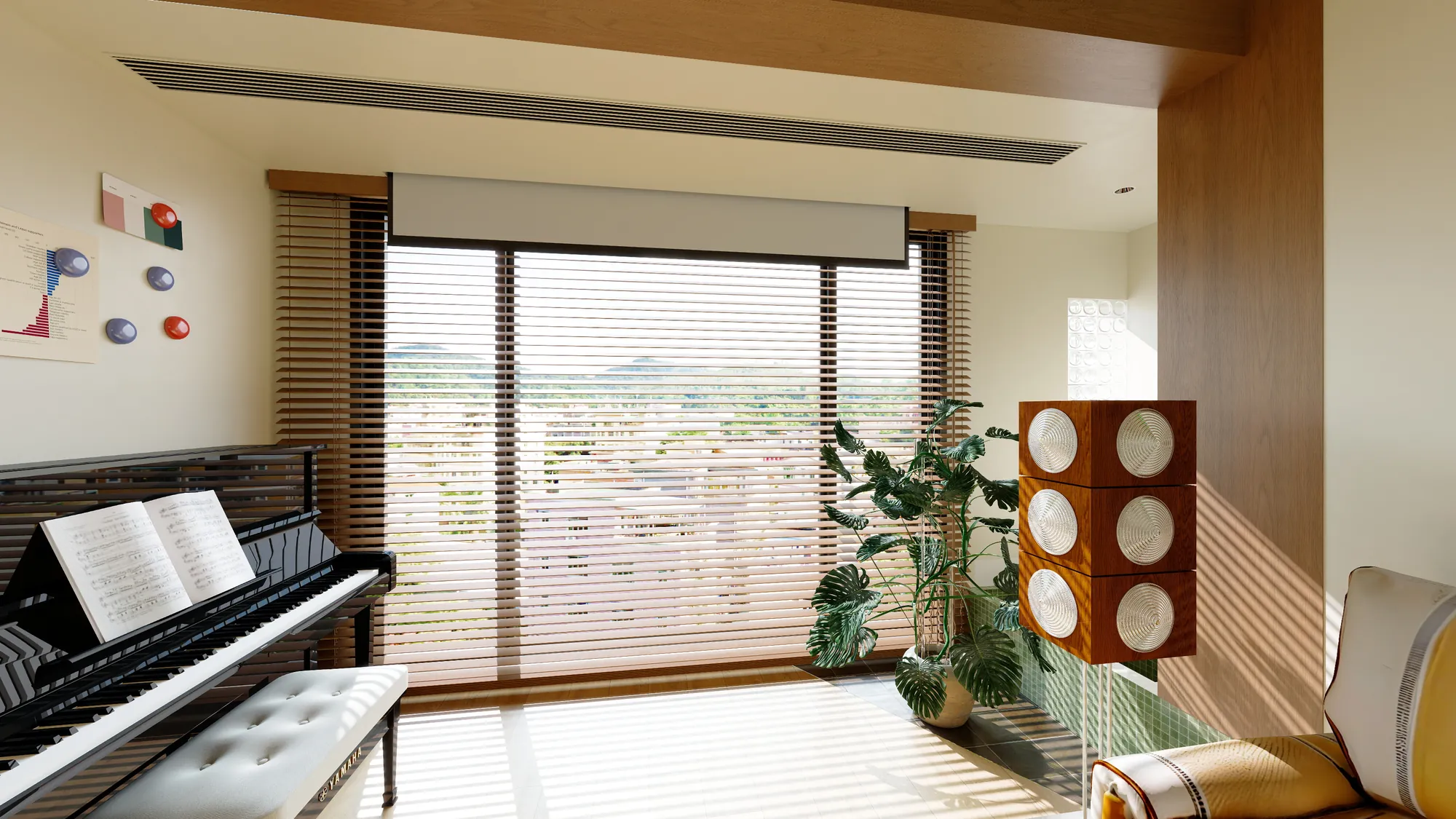 Piano and graphic art detail in a warm Bauhaus-inspired living room