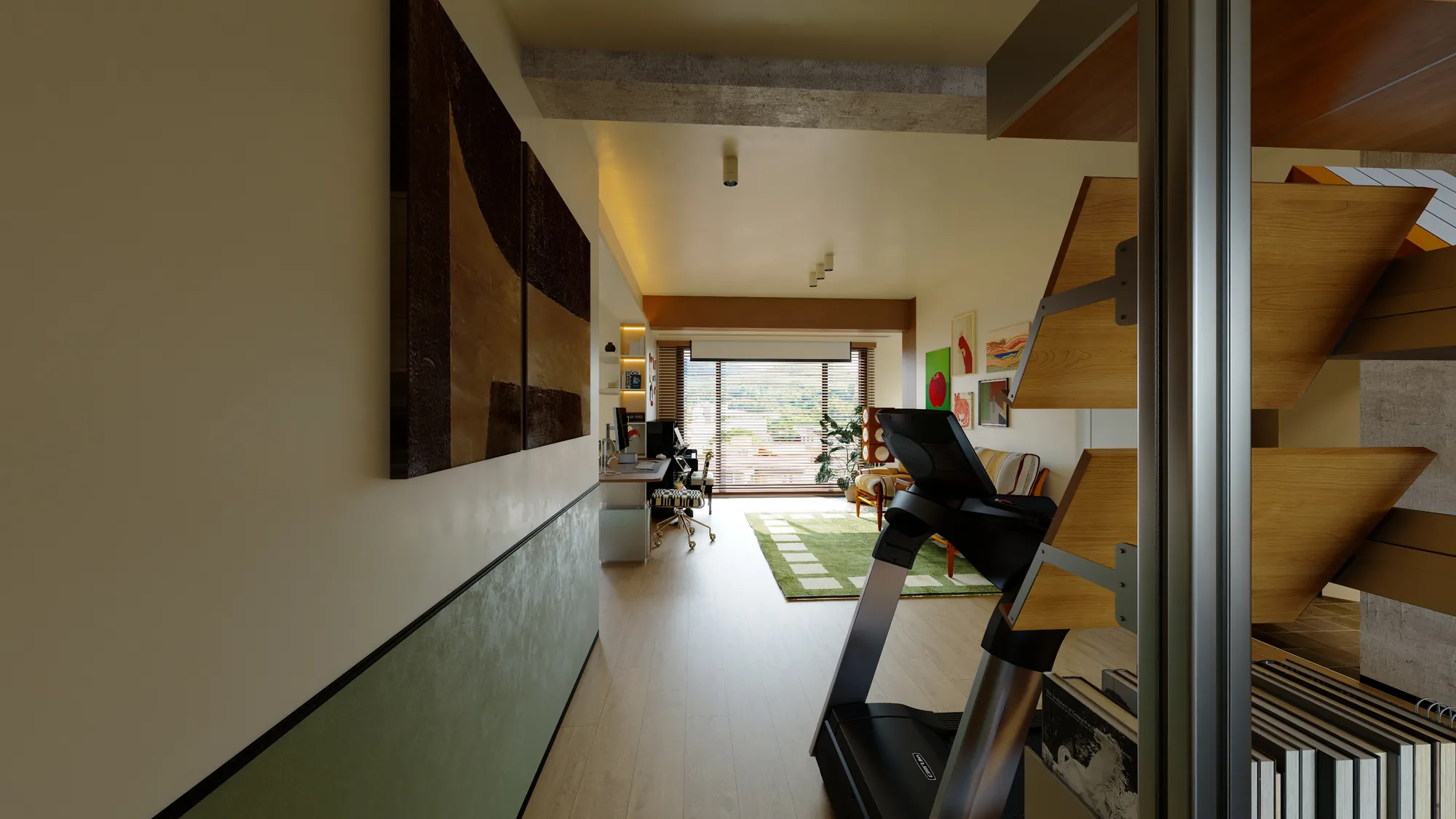 Long view through the apartment showing circulation, storage, study and living areas