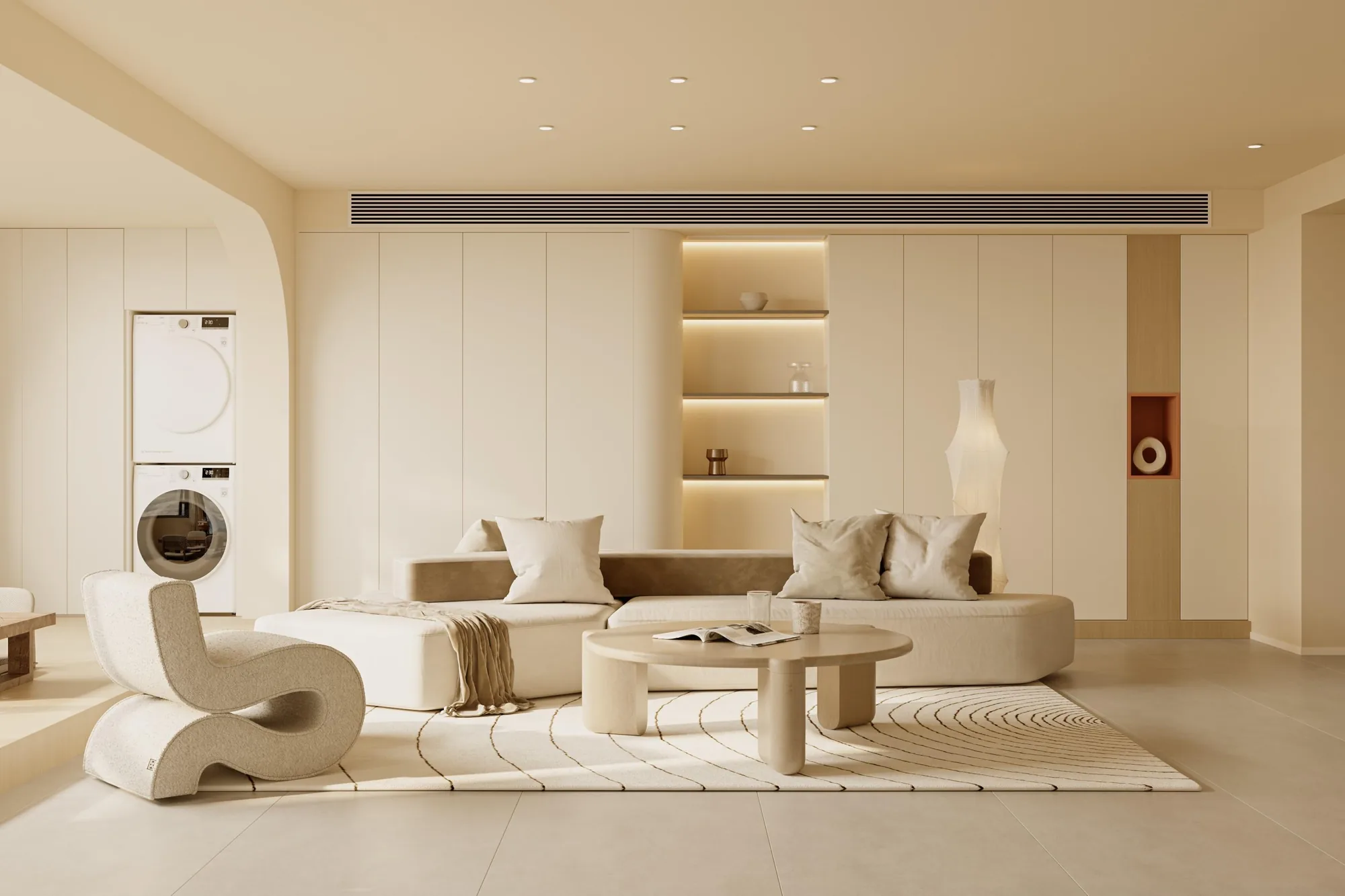 Warm-cream French-elegant living room with curved seating and fitted cabinetry