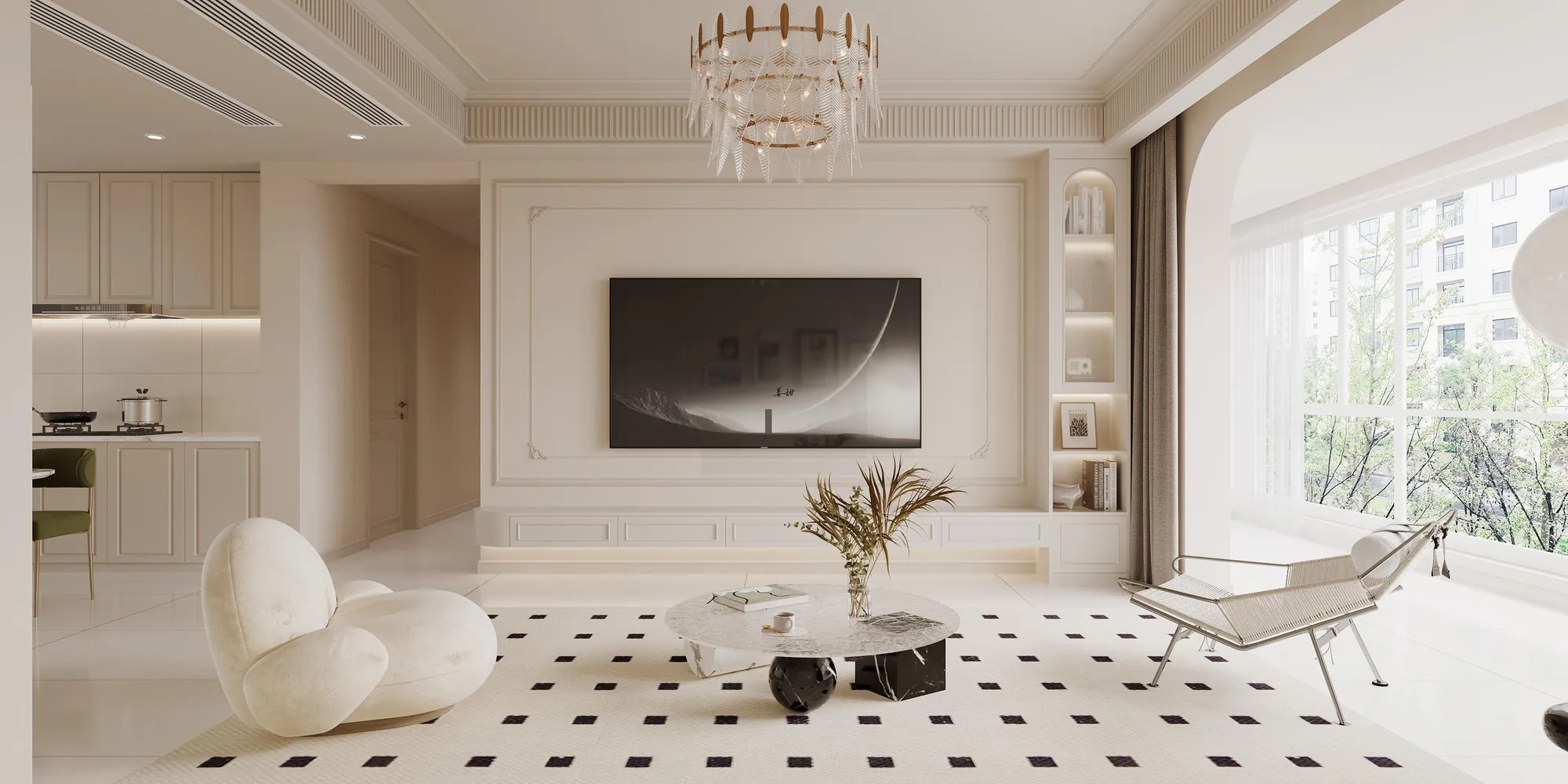 Bright living room with classical wall moulding, curved window and pale fitted storage