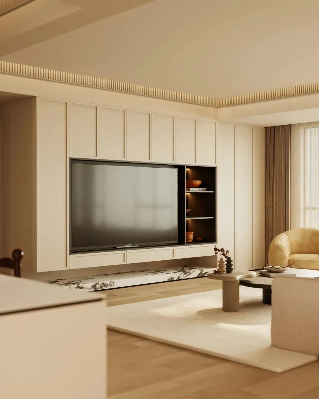 Living room media wall with classical trim and integrated cabinetry