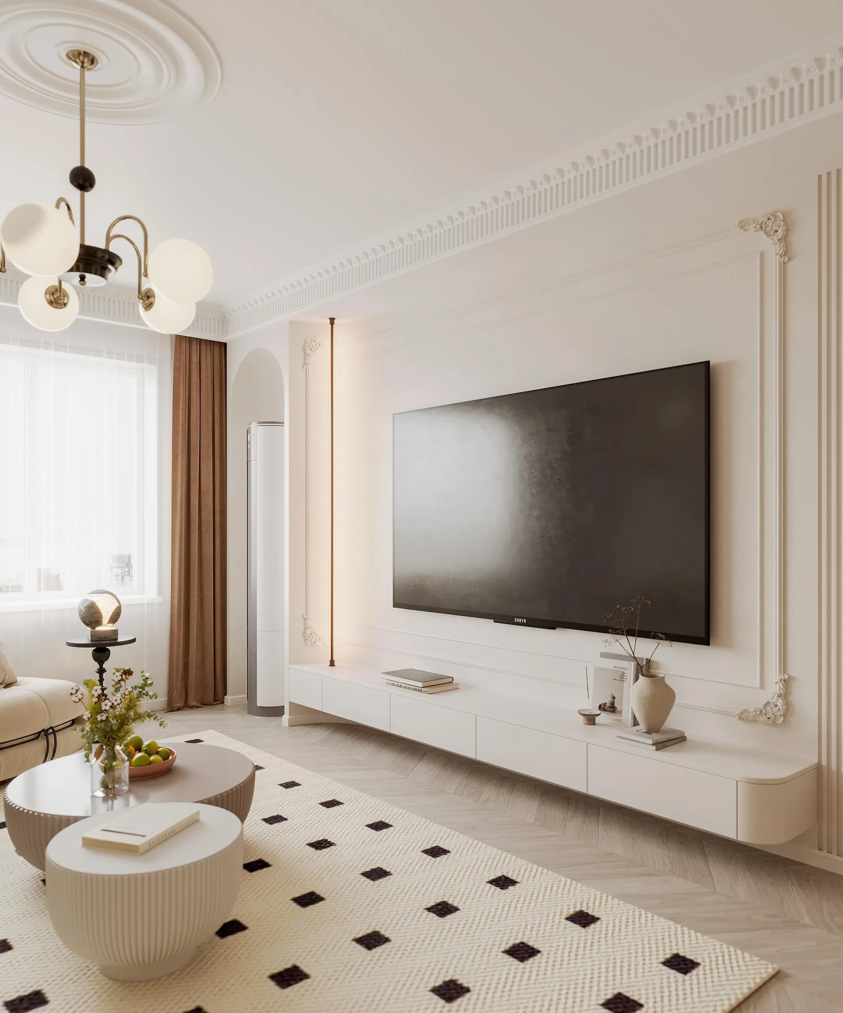 French-elegant media room with pale mouldings and soft curved furniture