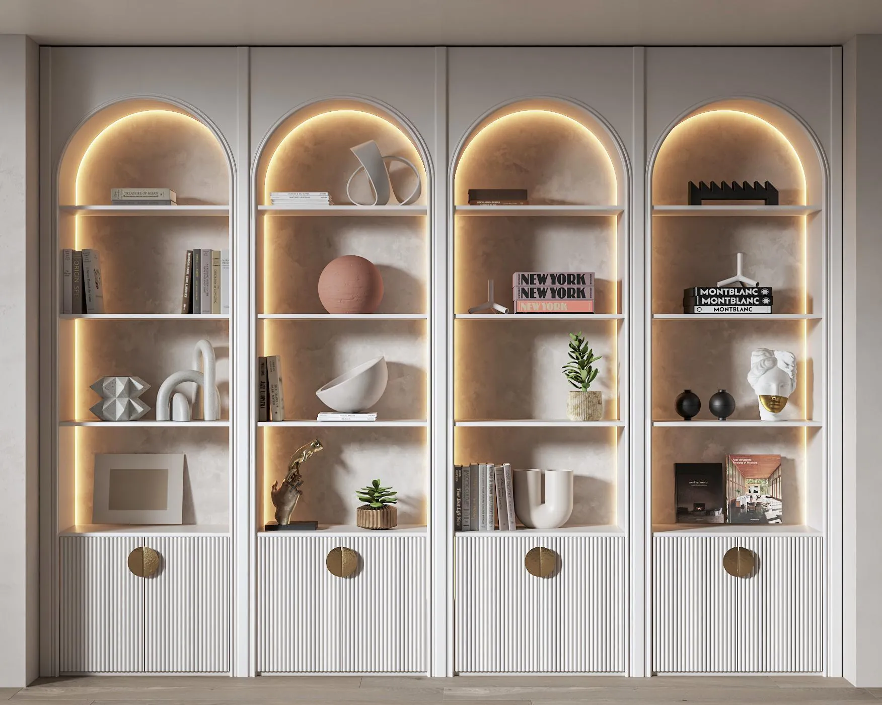 Illuminated arched display cabinet with fluted base doors