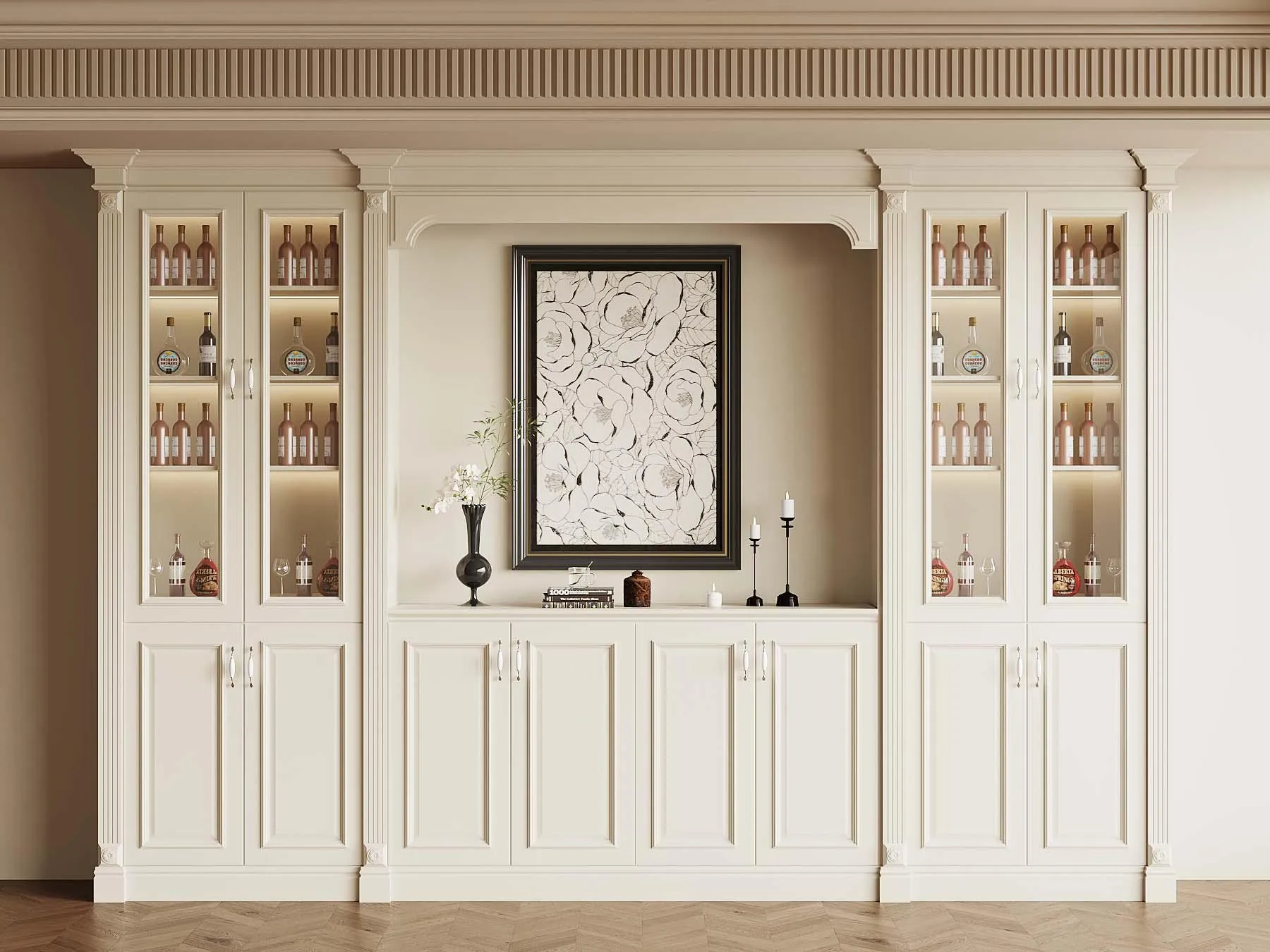 Symmetrical cream display wall with framed artwork and glass cabinets