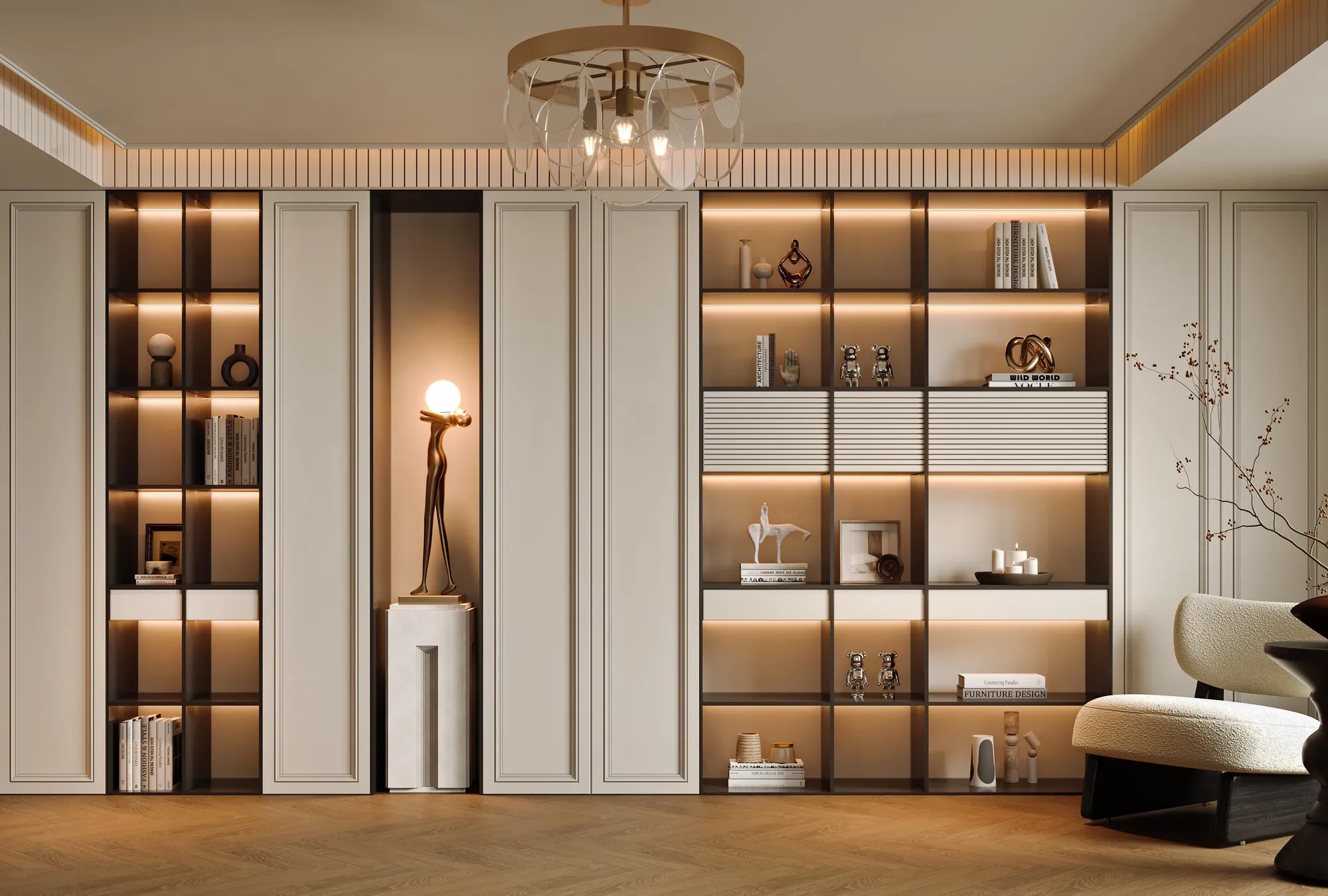 Display wall combining warm timber lighting with cream panelled cabinetry