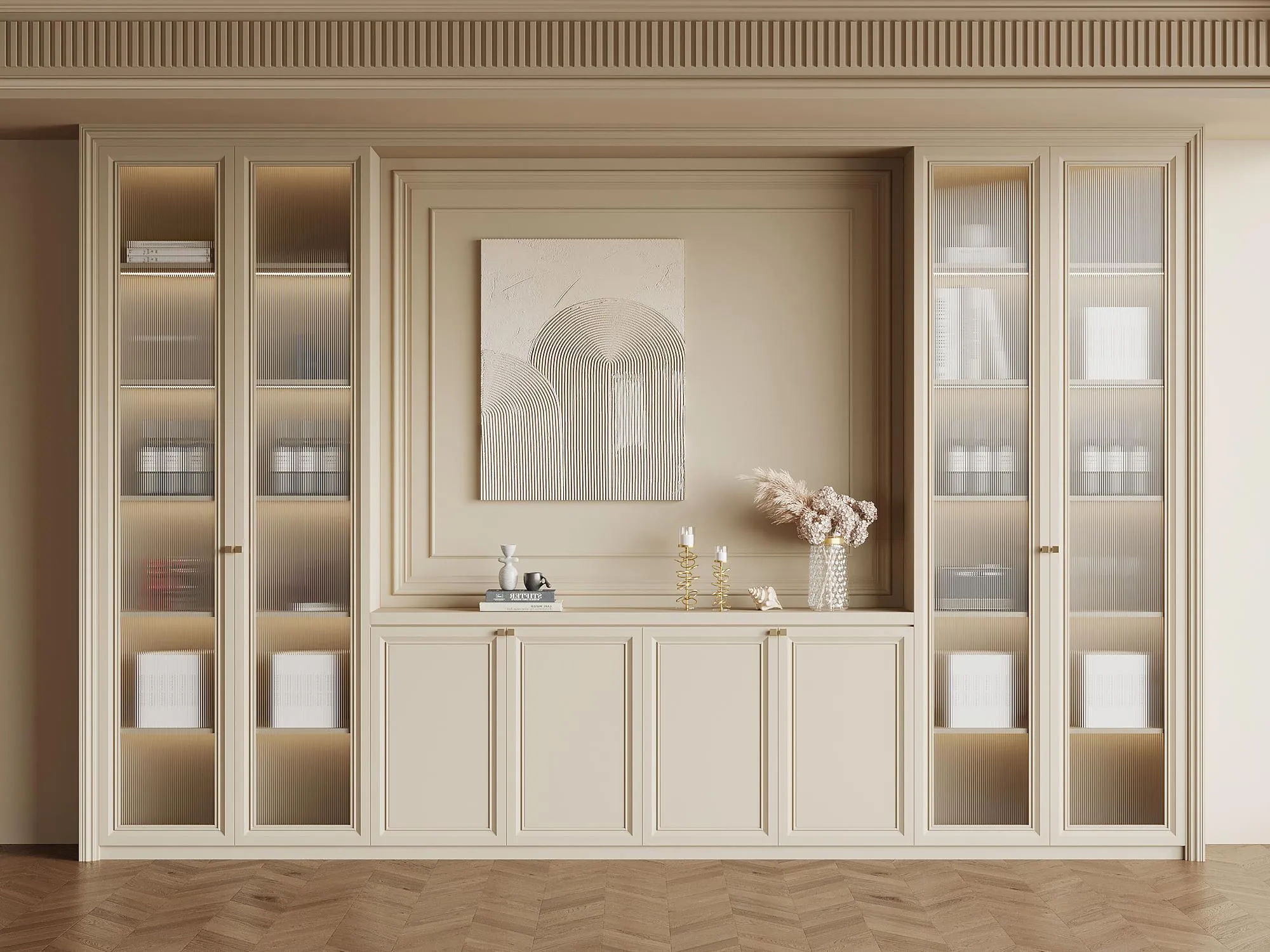 Full-height cream library wall with glass-front cabinets and central artwork