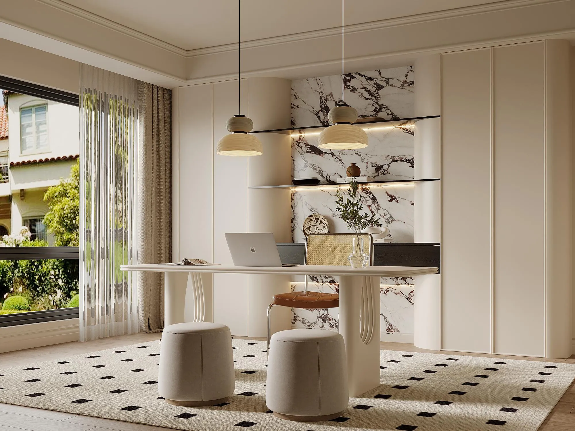 Home office with floral wall panel, fitted desk and cream storage