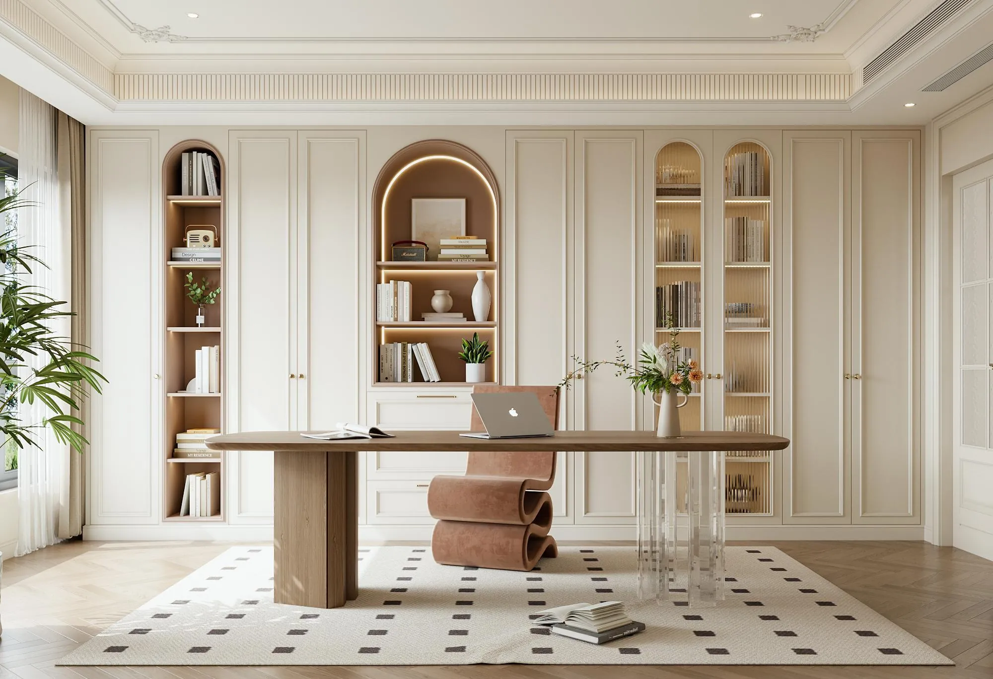 Wide home office with arched shelving and a central timber desk
