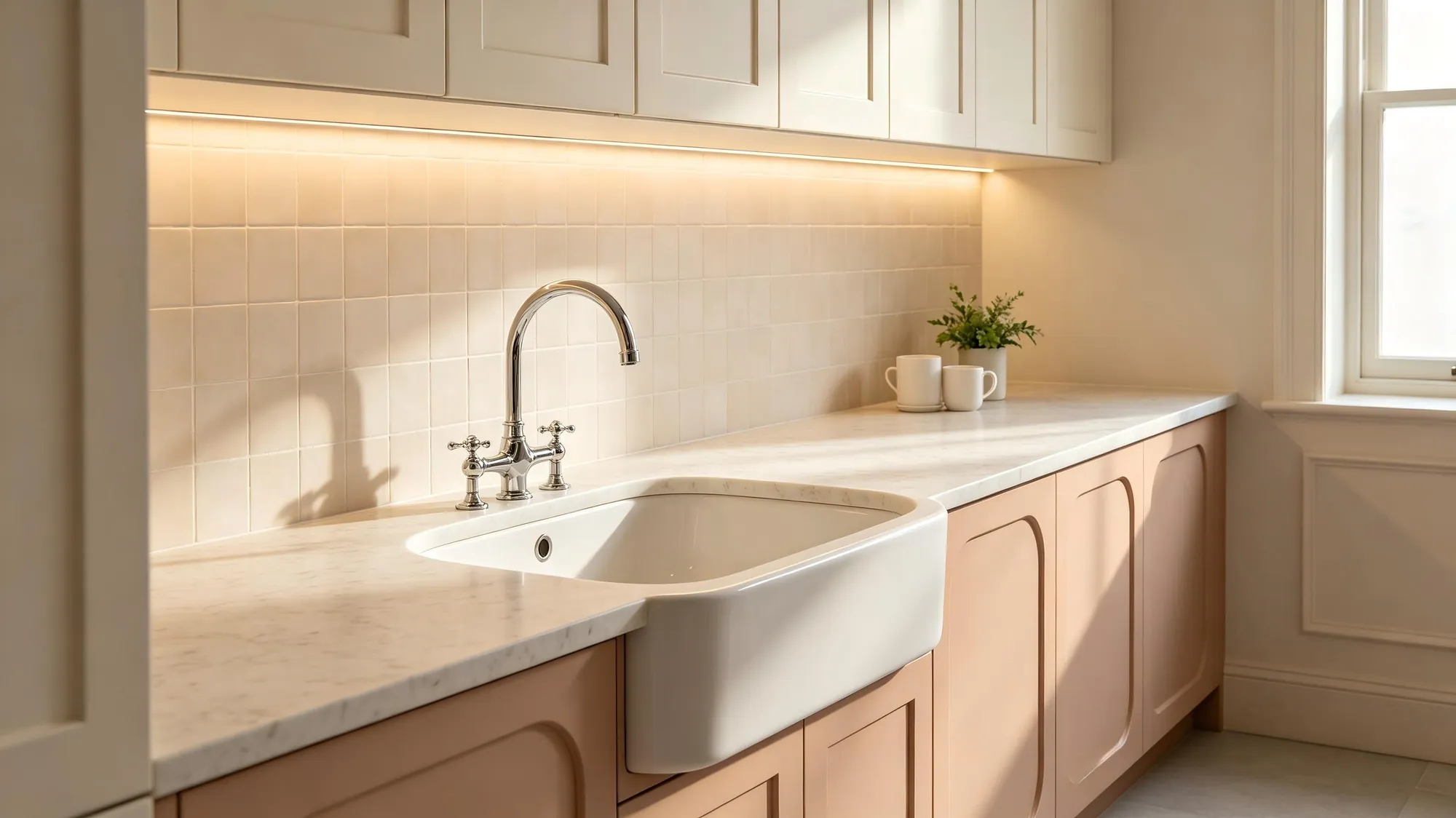 Kitchen sink detail with pale stone worktop and warm under-cabinet lighting
