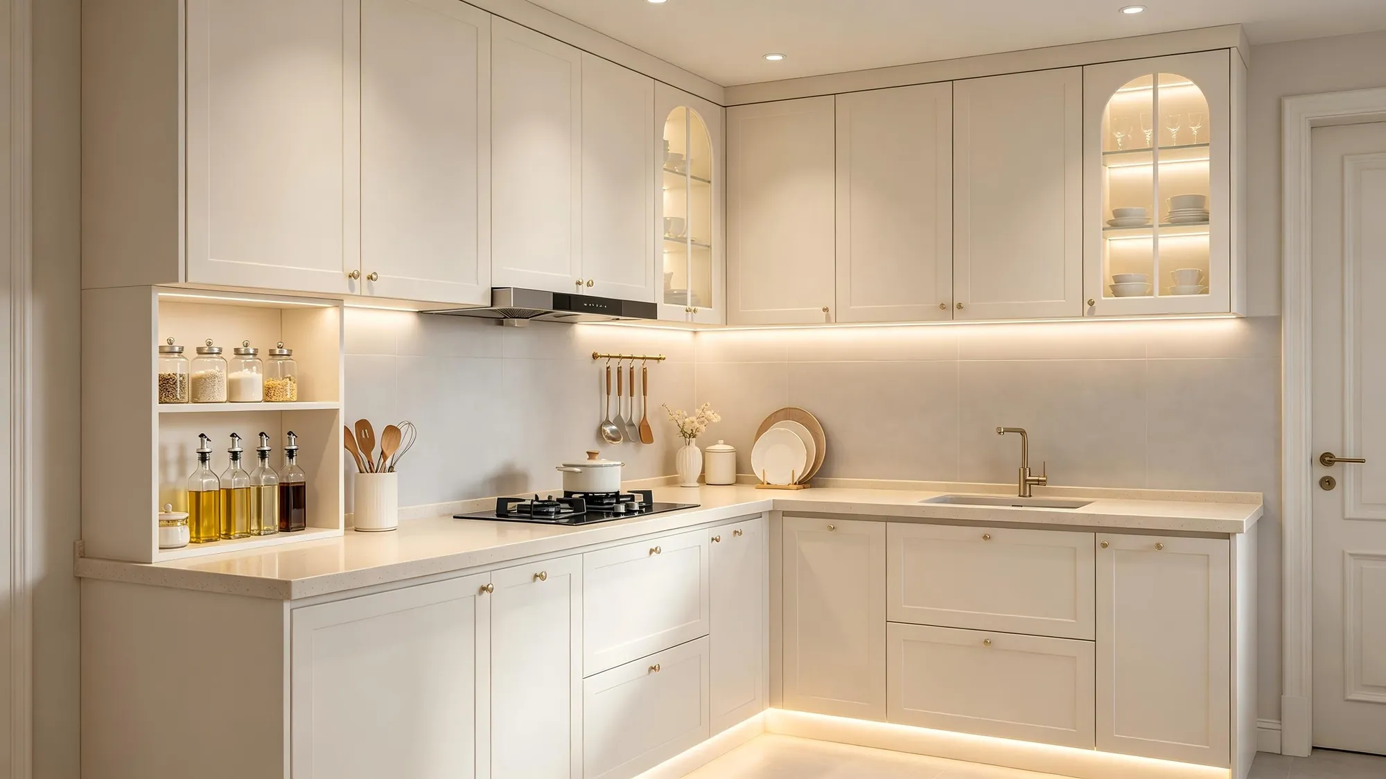 Fitted cream kitchen with arched display niche and layered task lighting
