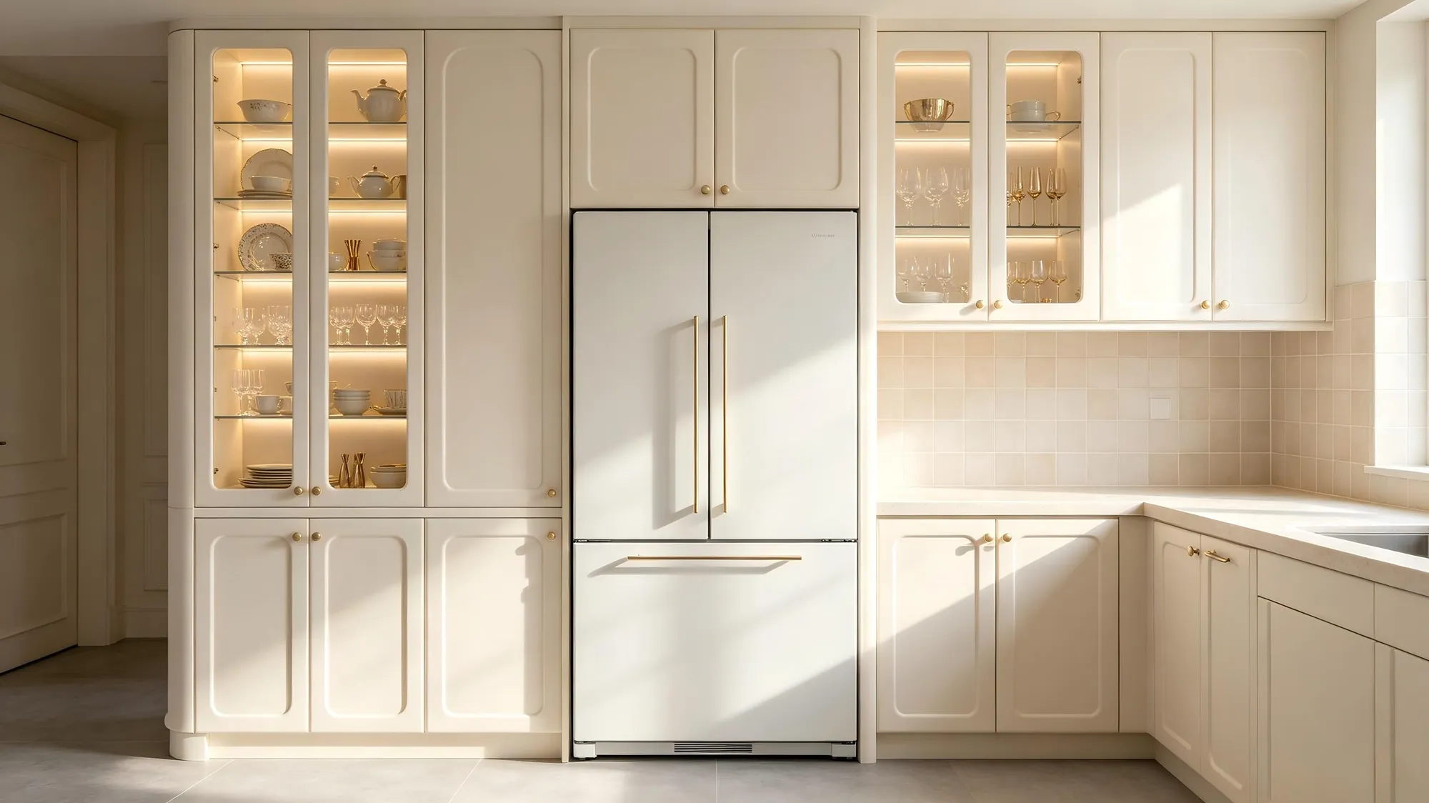Kitchen storage wall with integrated refrigerator and illuminated glass cabinets