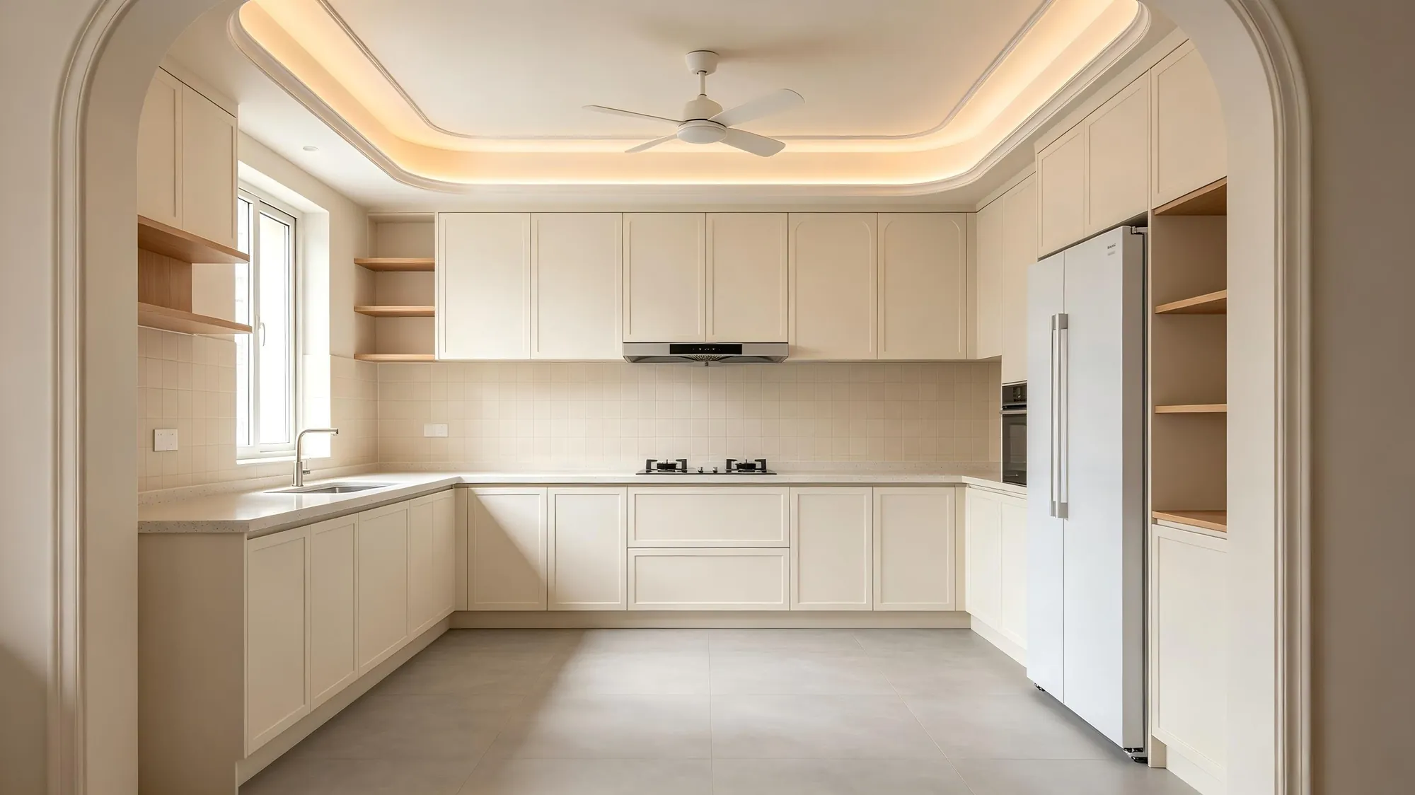 U-shaped cream kitchen with ceiling detail and open end shelving