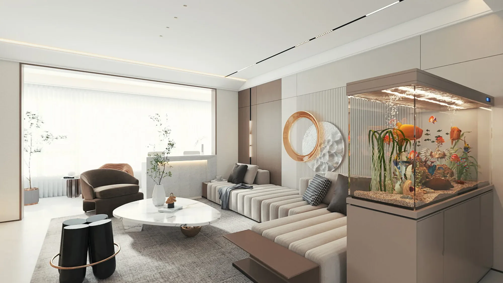 Soft minimal apartment living room with panoramic glazing, pale upholstery and a marble feature wall