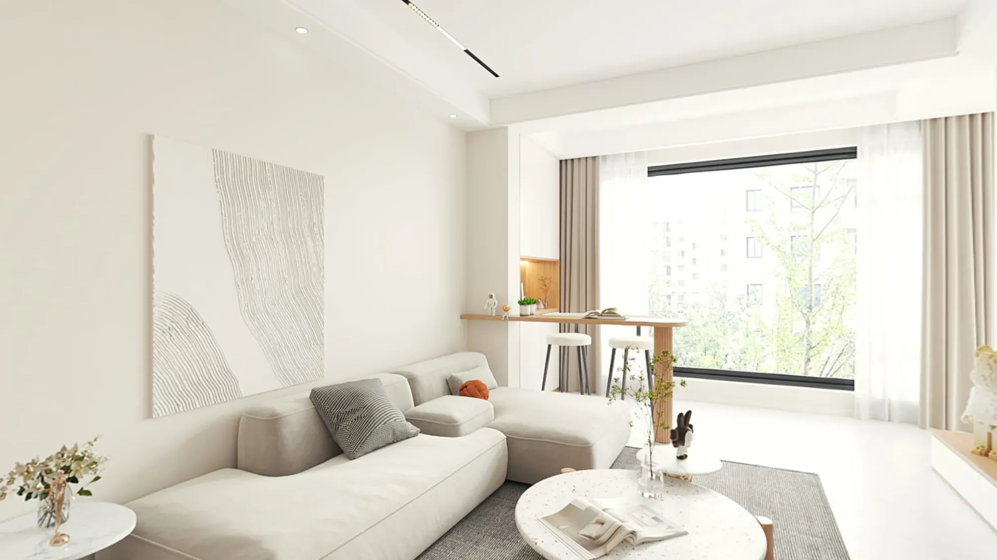 Bright contemporary apartment living room with pale finishes and corner windows