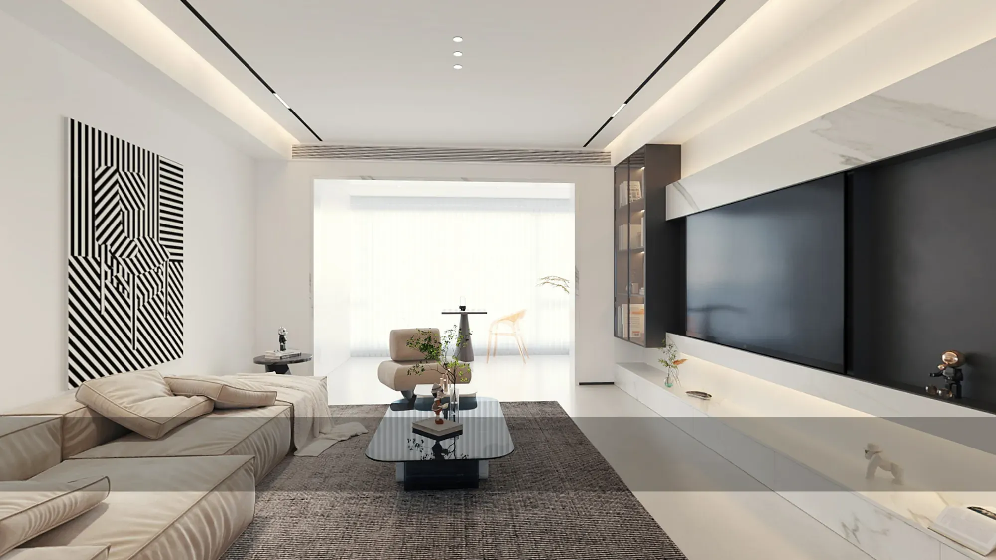 Open apartment living and dining space with low neutral seating