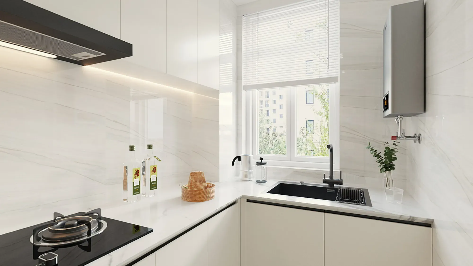 Minimal apartment kitchen with pale cabinetry and dark worktop