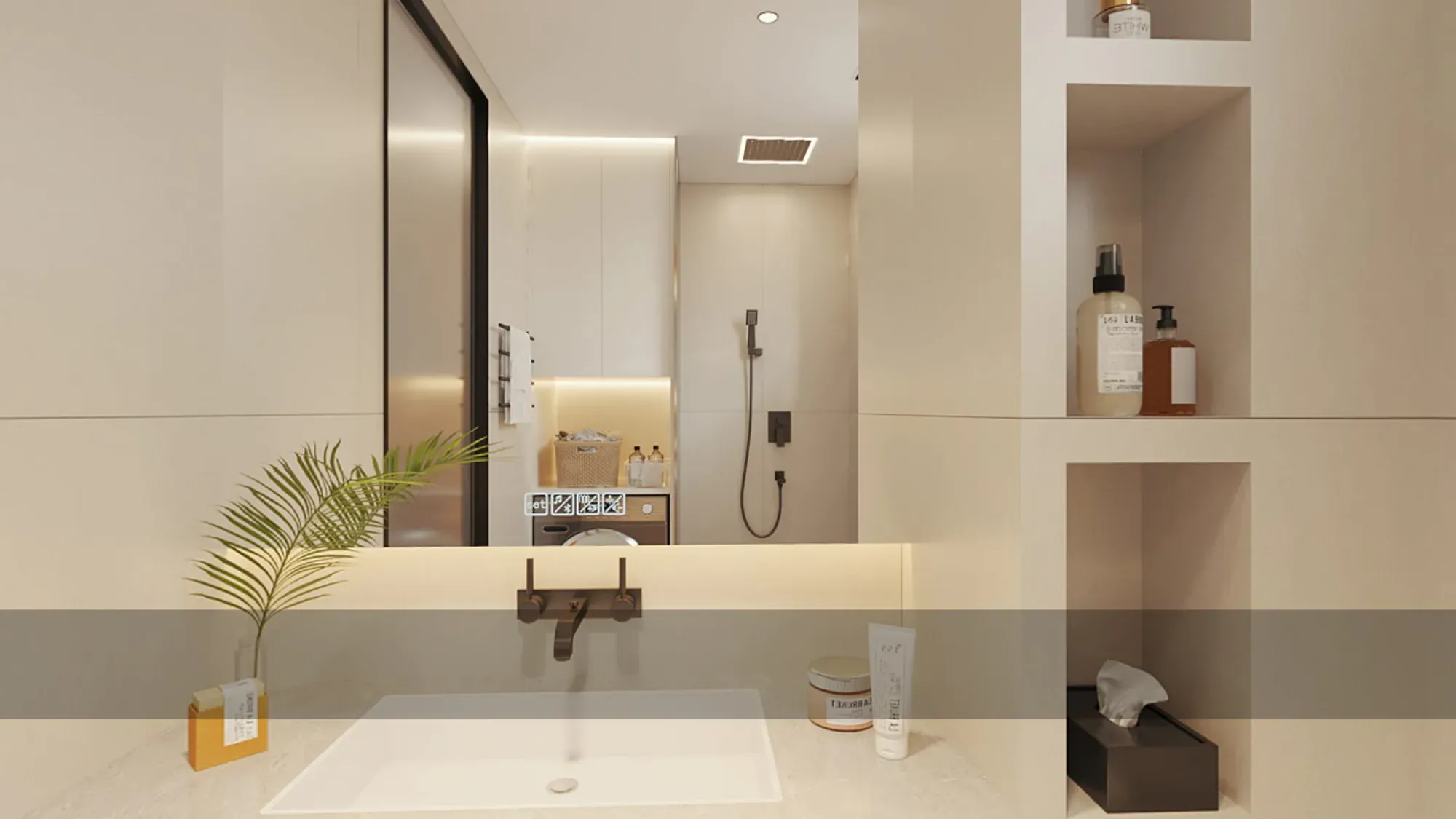 Pale apartment bathroom vanity with integrated mirror lighting