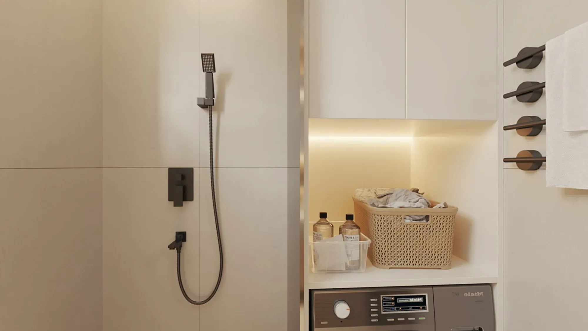 Shower zone with recessed storage and black fittings