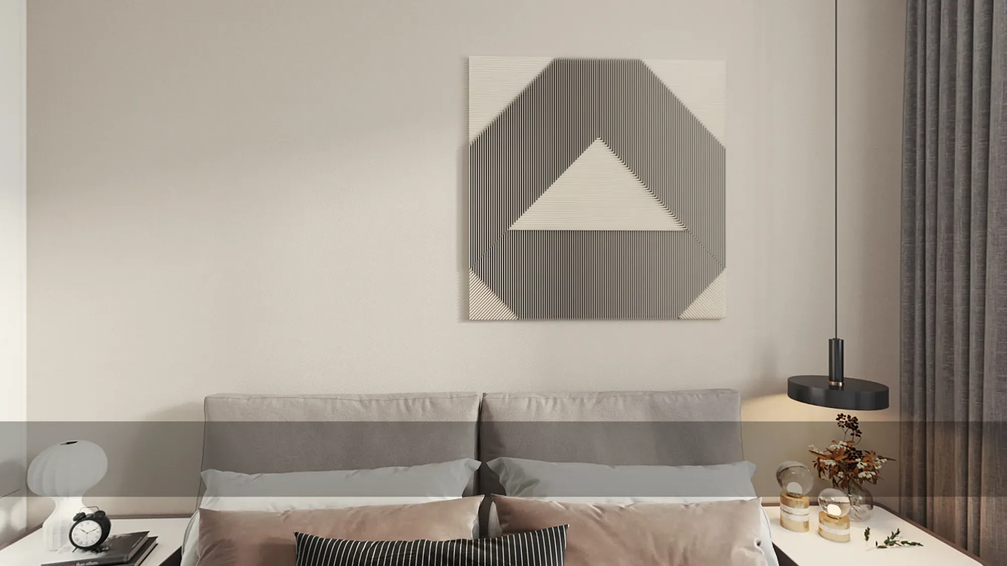 Soft neutral bedroom with upholstered headboard and balanced bedside lighting