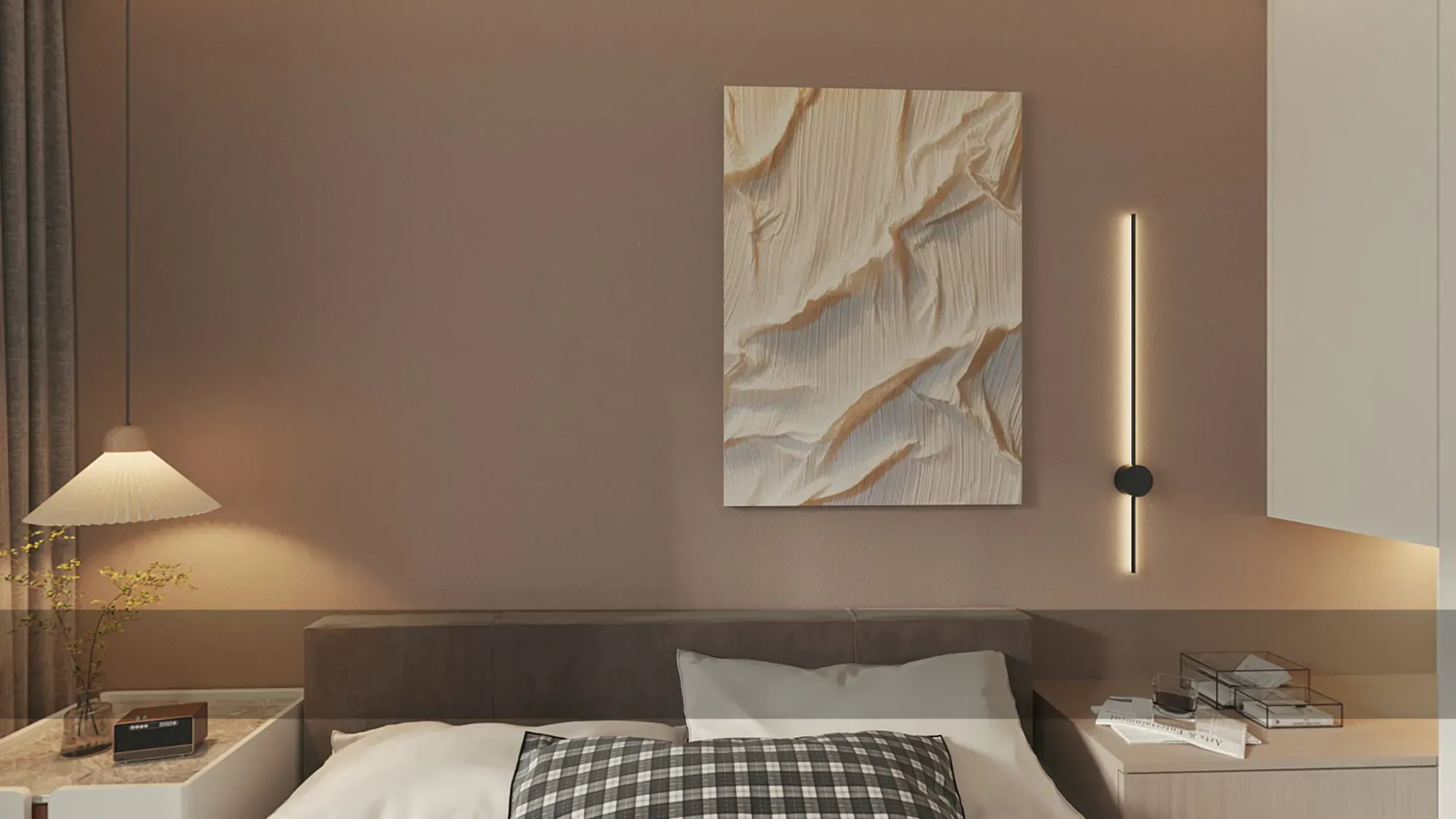 Warm taupe bedroom with tailored headboard wall and vertical lights