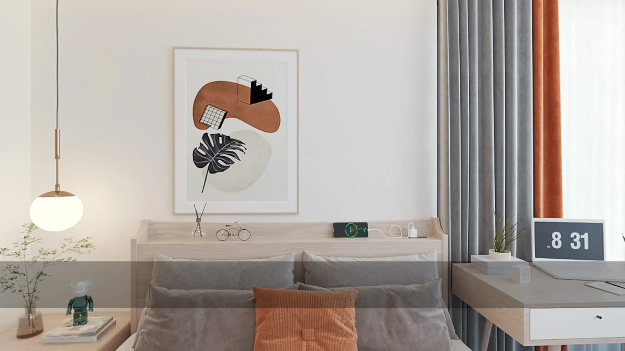 Window-side bedroom with soft grey upholstery and timber desk
