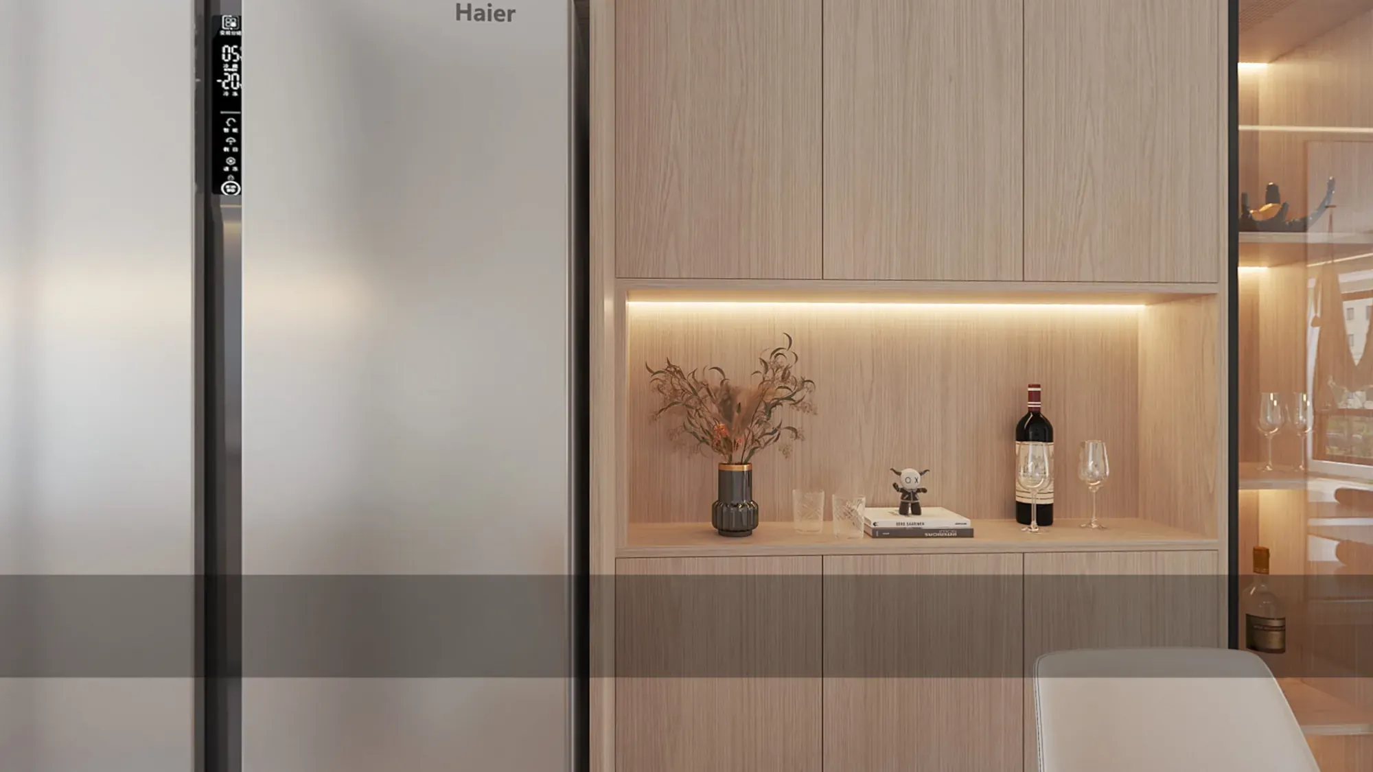 Pale timber storage with an illuminated display niche