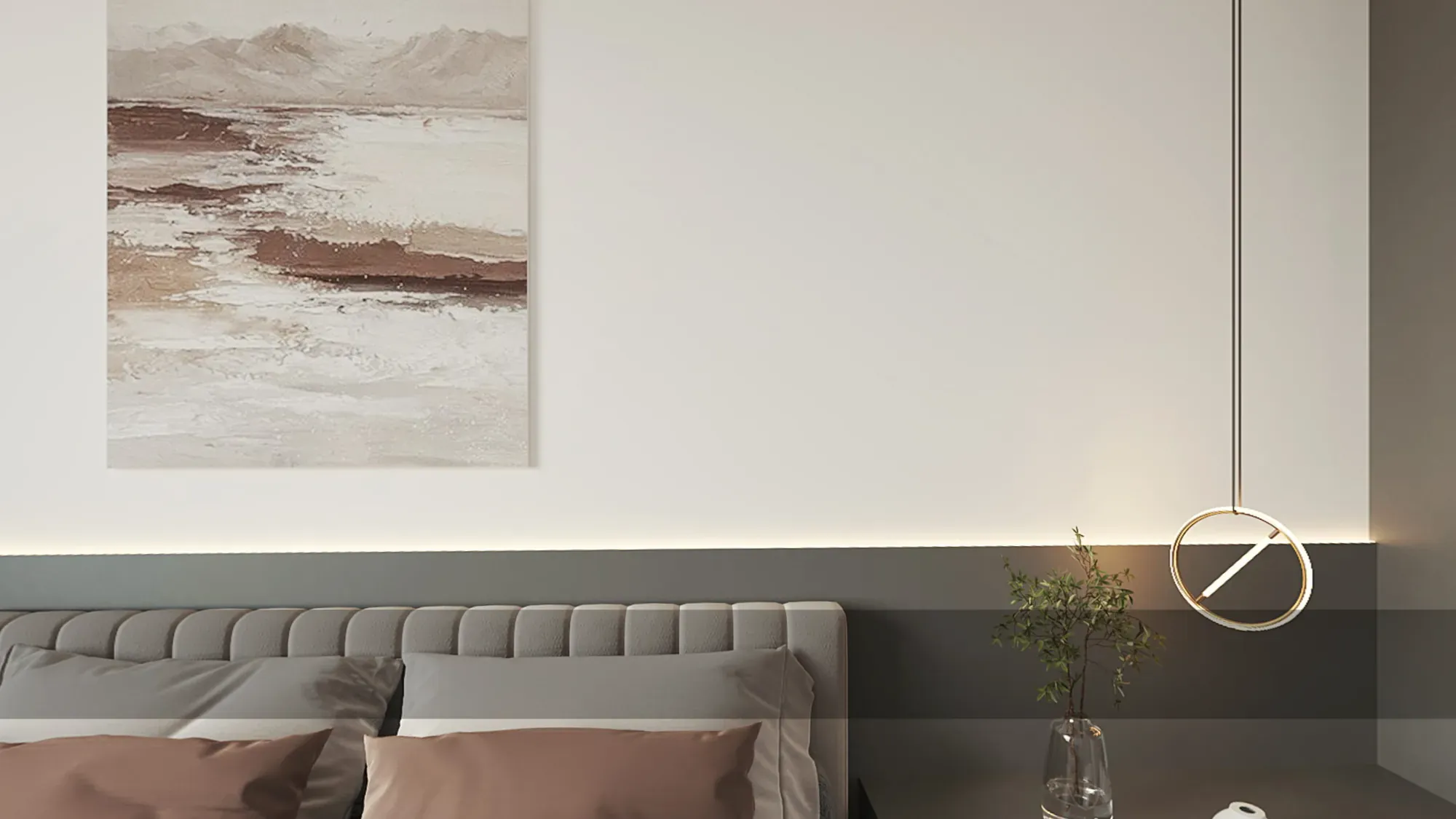 Tailored bedroom detail with ring pendant lights and built-in bedside surfaces