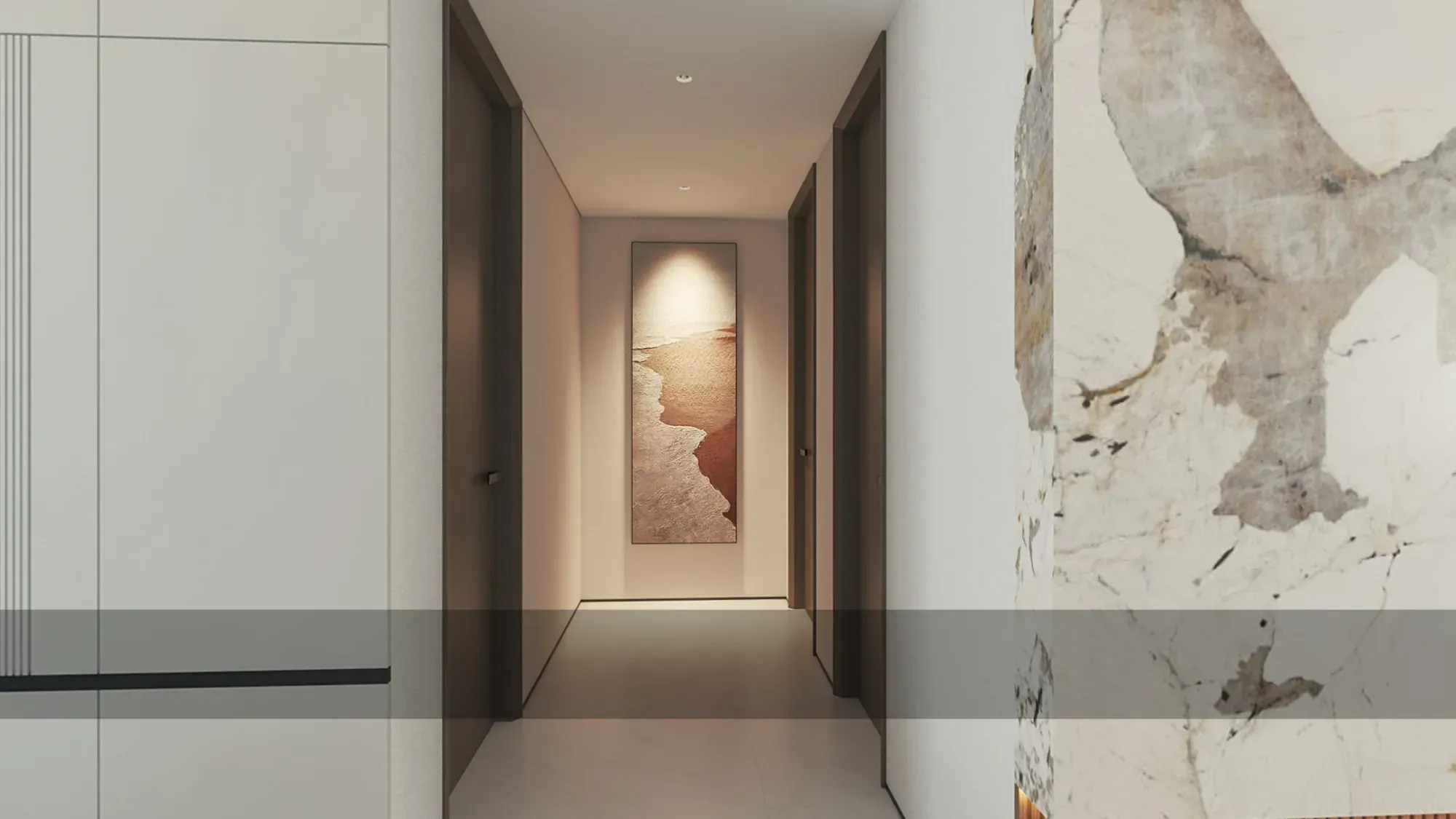 Apartment corridor with marble feature surface and recessed lighting