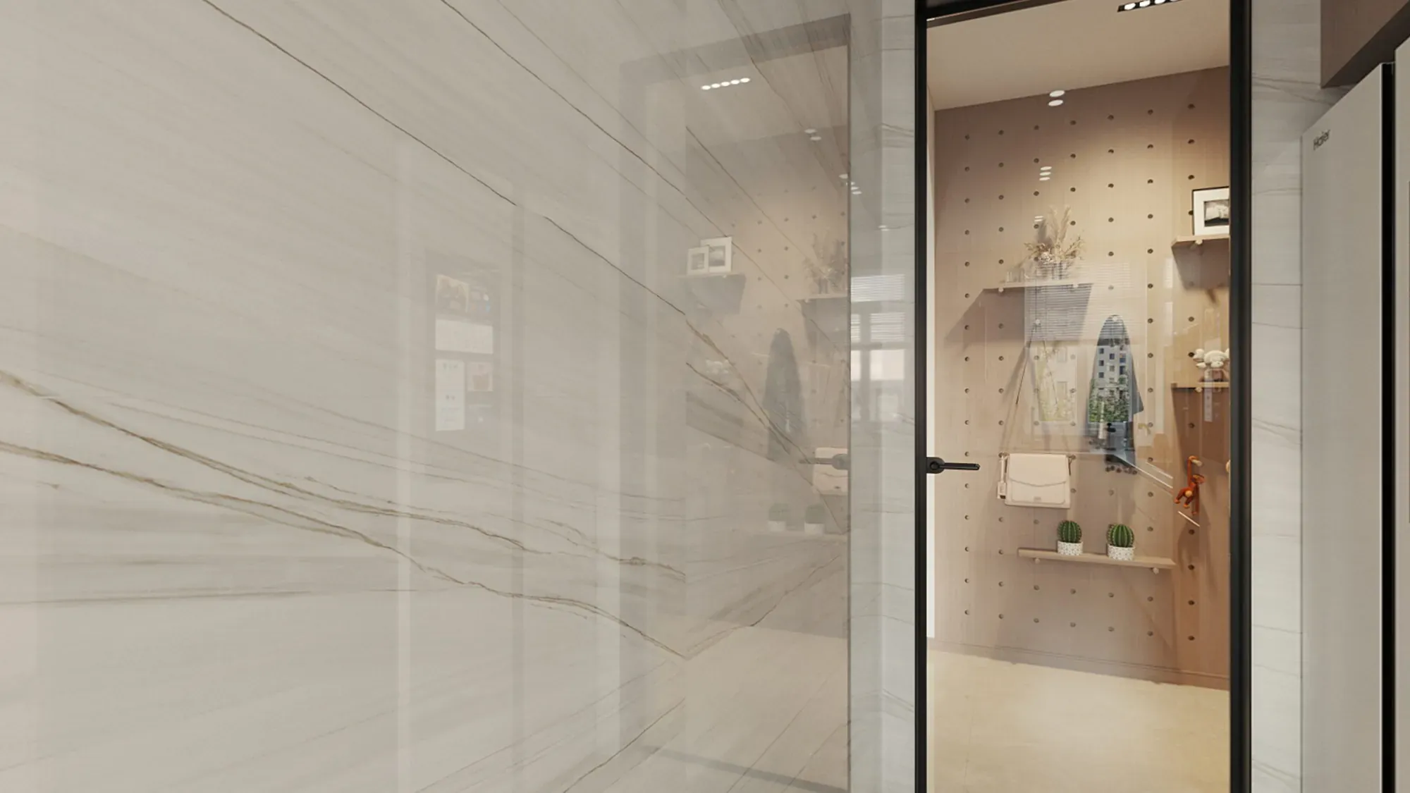 Bathroom glass partition with black framing and pale surfaces