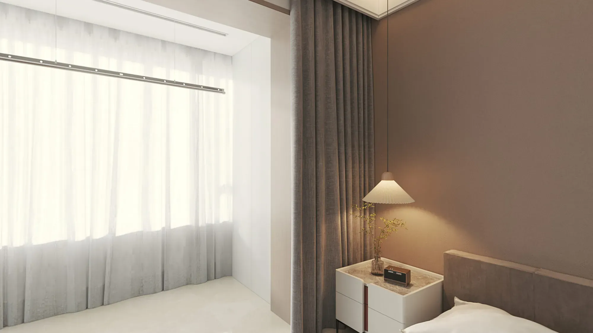 Window-side bedroom detail with warm taupe wall and illuminated bedside unit