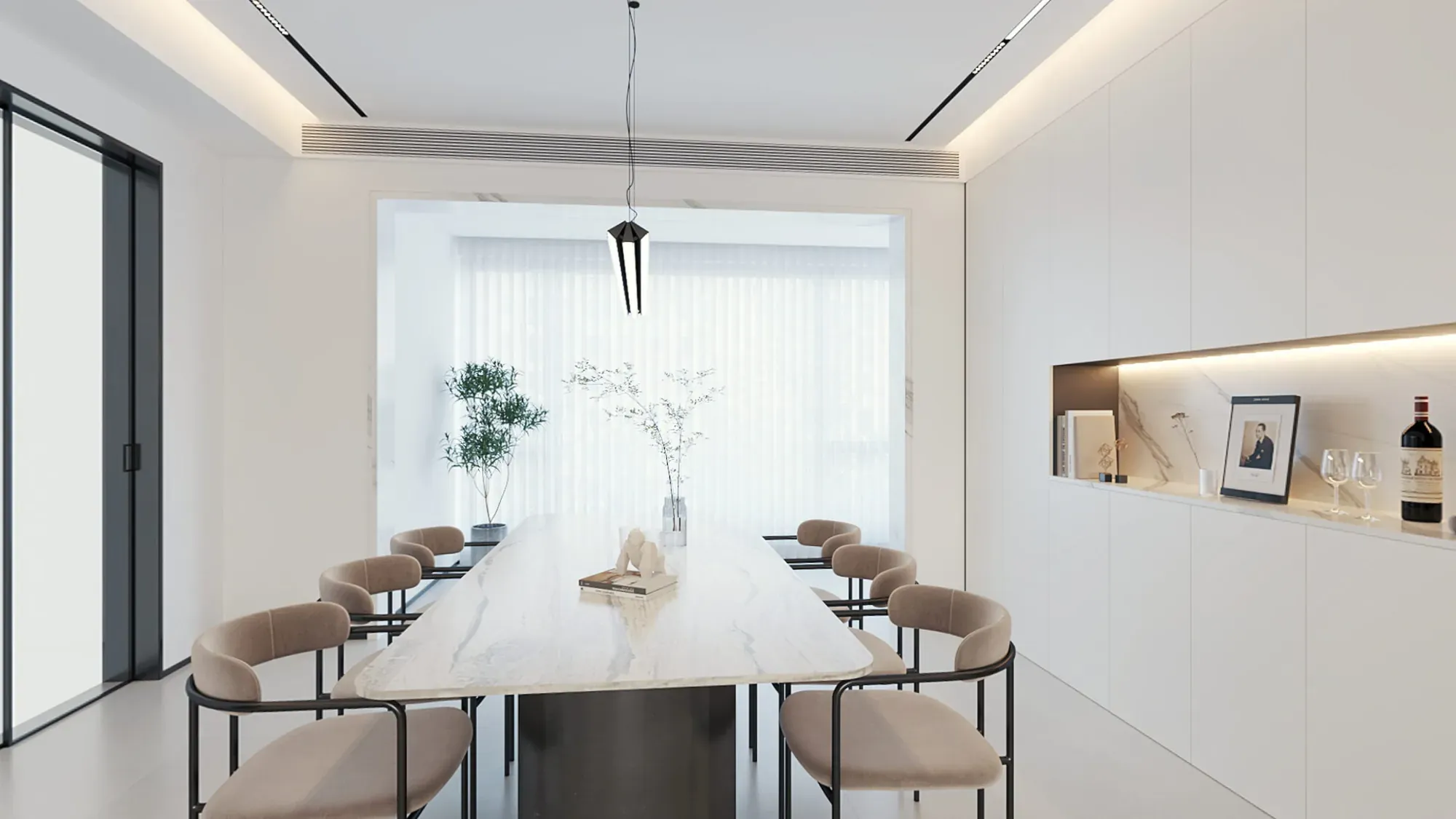 Warm dining room with marble table and illuminated fitted storage