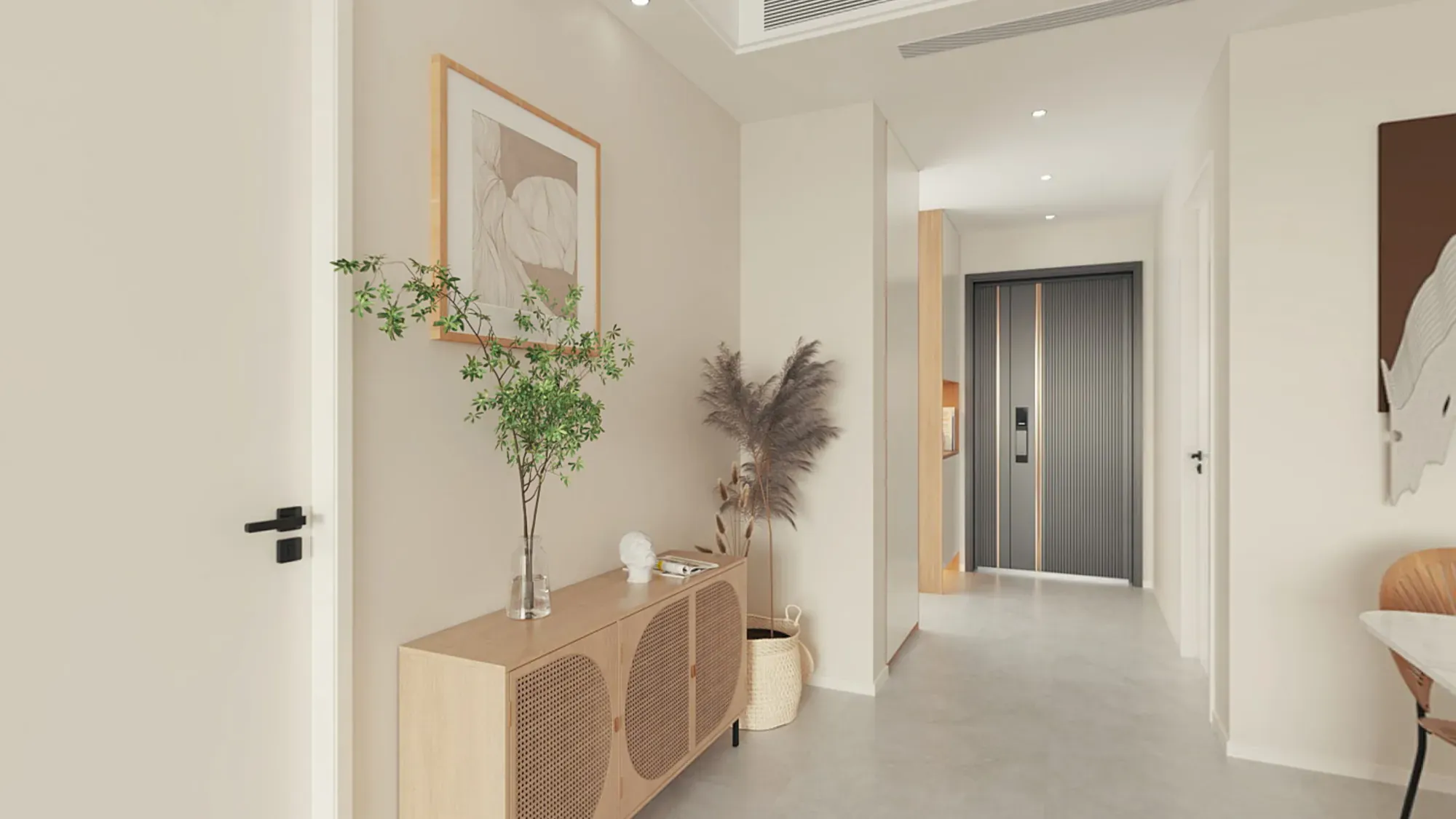 Apartment entry console with pale storage and warm timber display niche