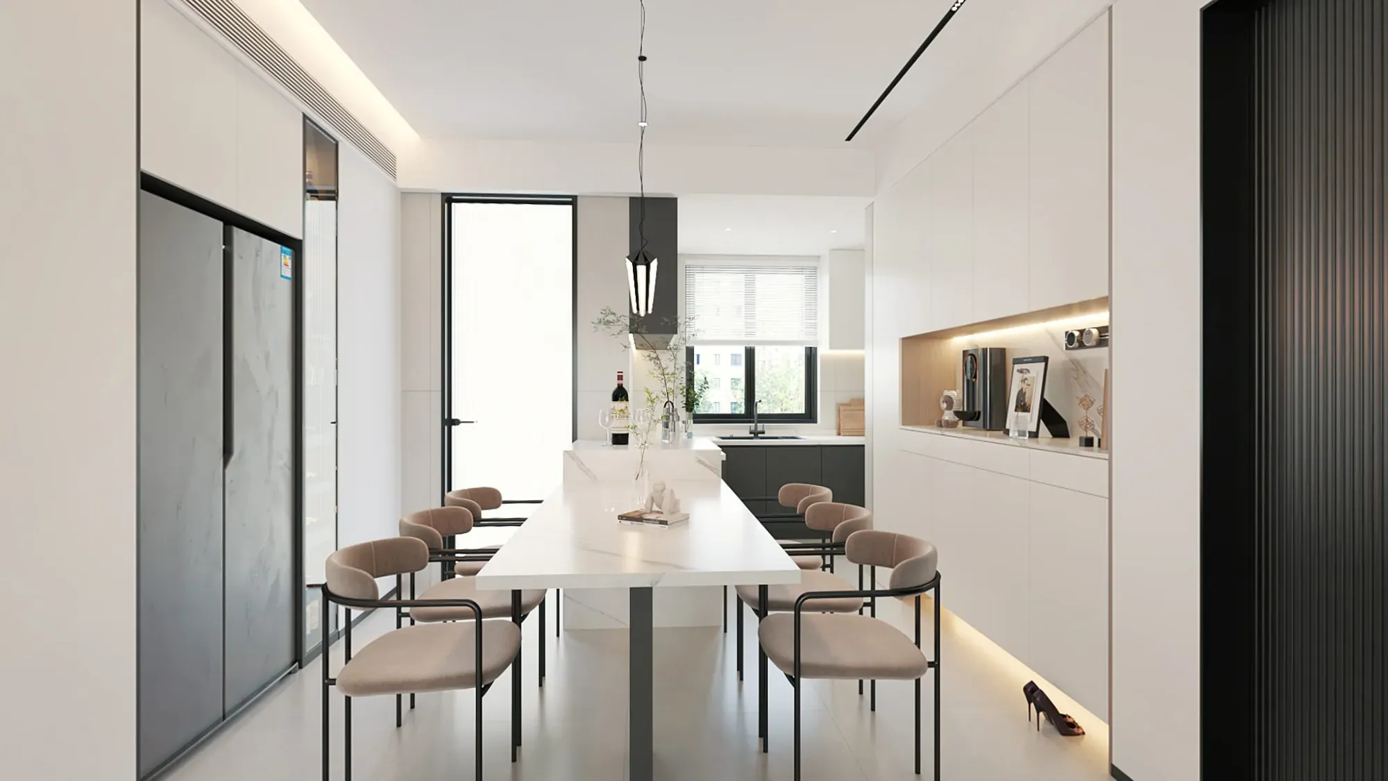 Integrated apartment media wall with black screen and pale panels