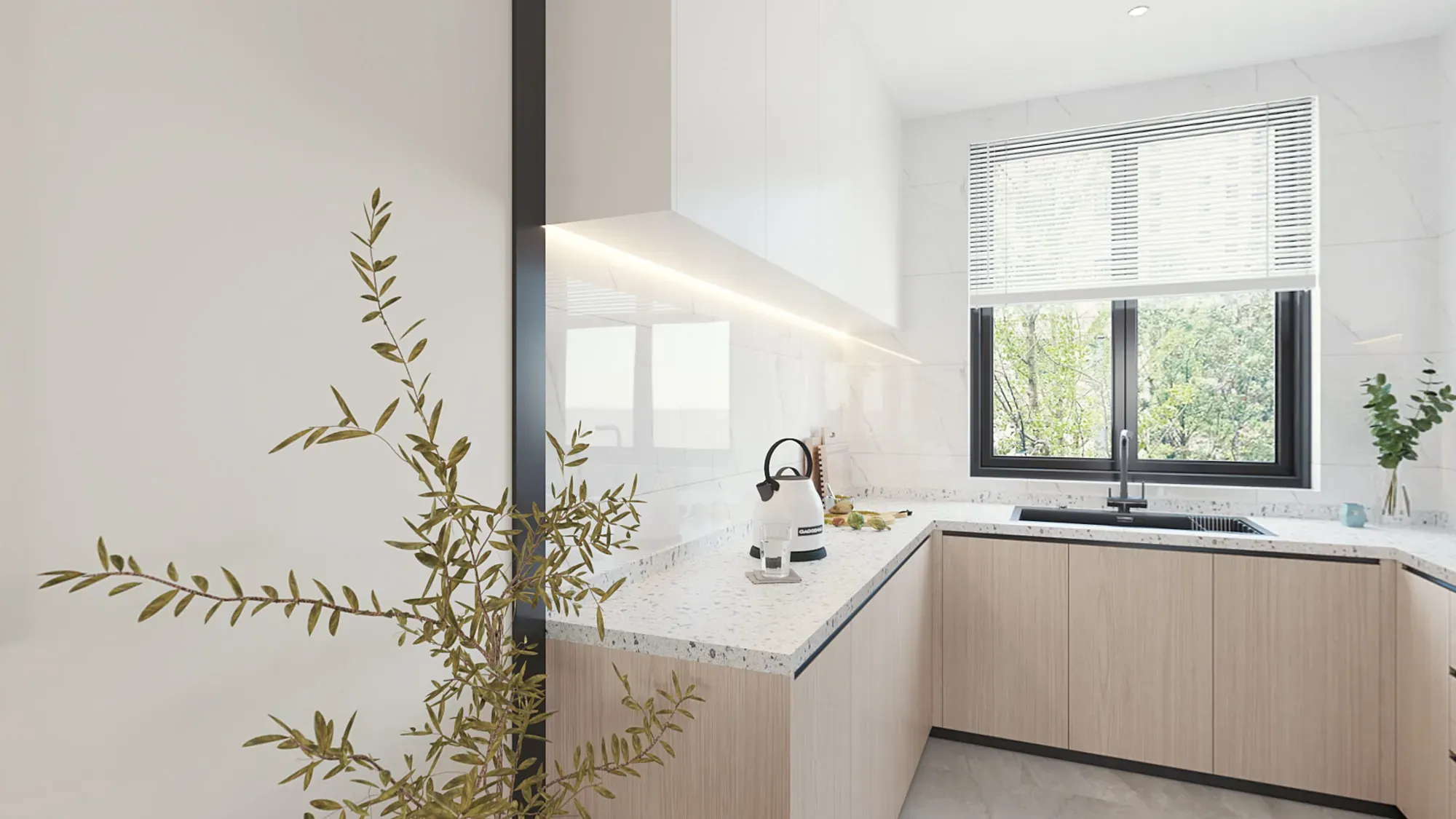 Kitchen window framed by warm timber cabinetry and pale fitted storage