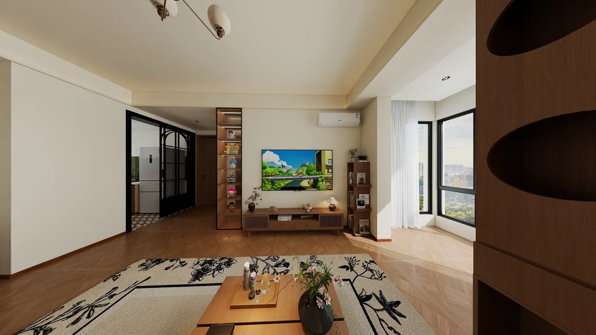 Warm walnut contemporary apartment living and dining room with cream cabinetry and layered lighting