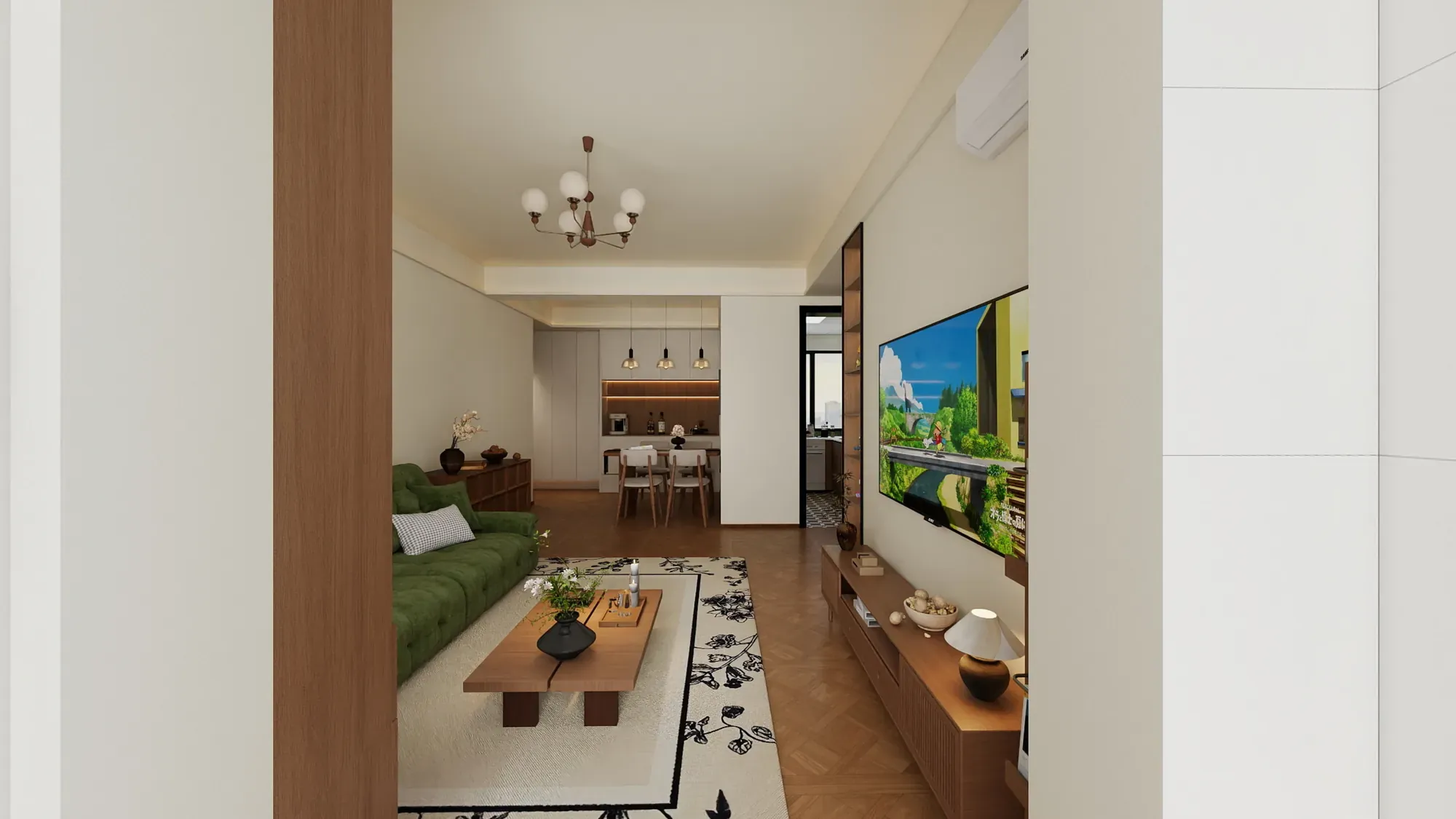 Apartment living room with dark walnut joinery, arched glazing and integrated shelving
